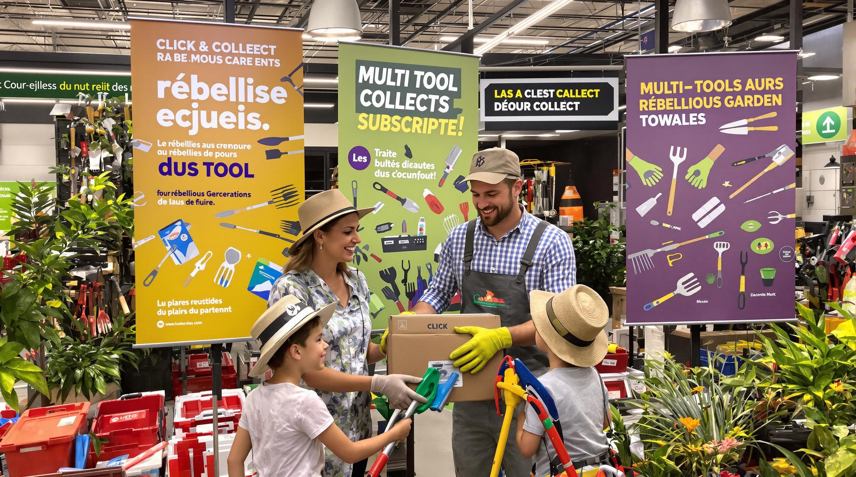 Famille récupérant outils via click & collect, affiches abonnement multi-outils rebelle