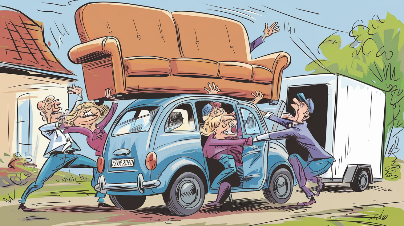 Famille française essayant de charger un canapé trop grand dans une petite voiture avec une remorque vide à côté, style bande dessinée expressive.