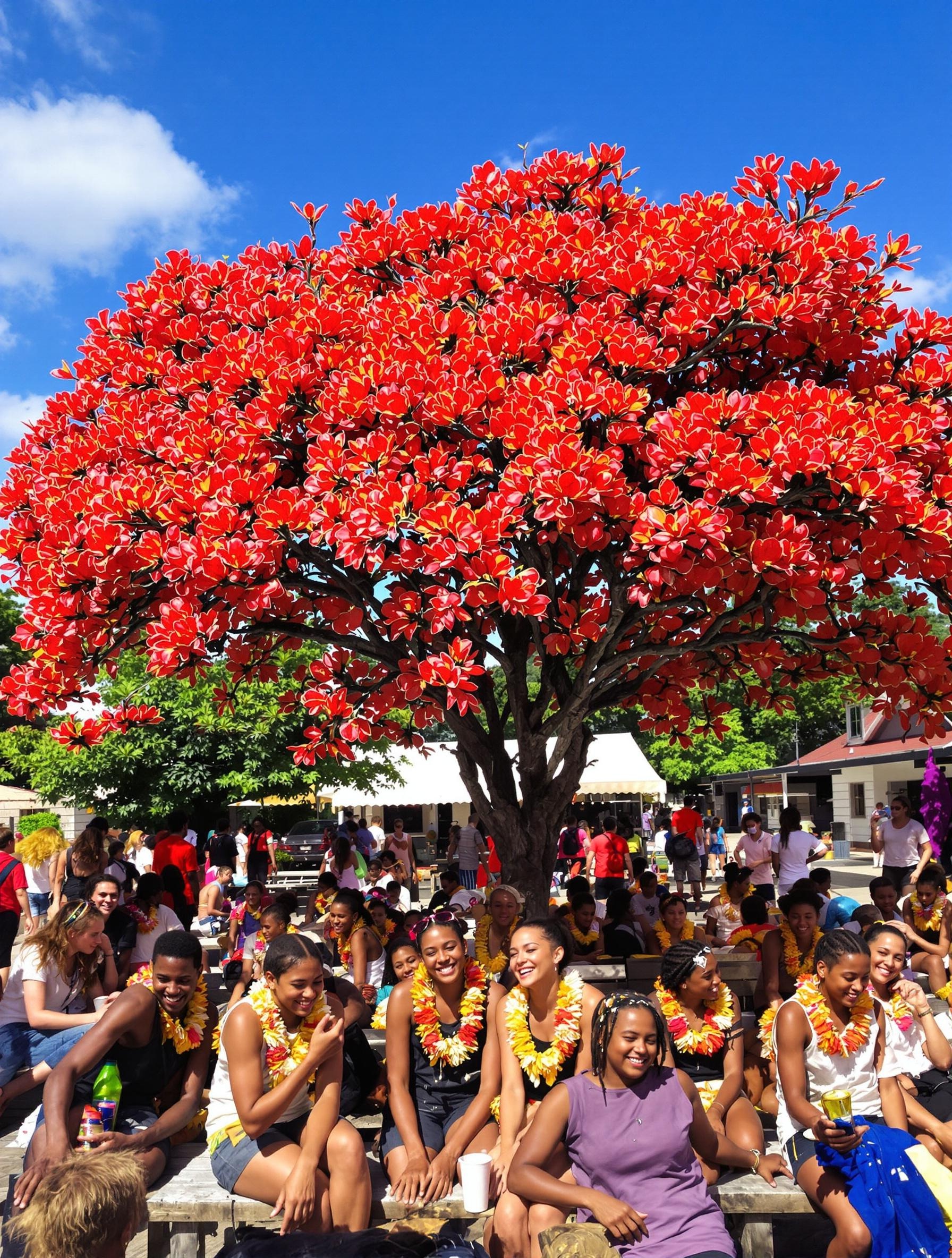 Fête créole sous un flamboyant en fleur