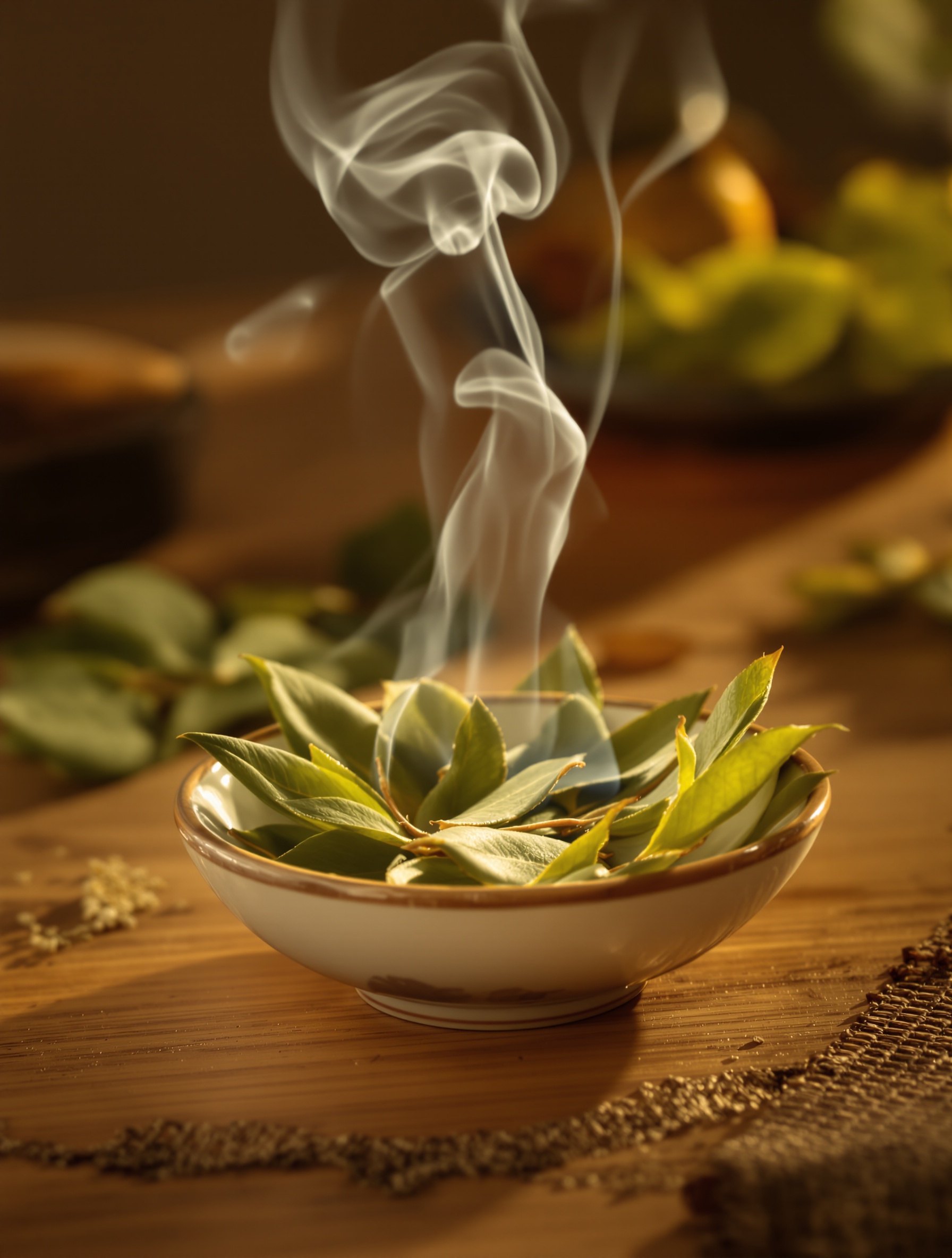 Feuilles de laurier brûlées dans récipient céramique, fumée fine