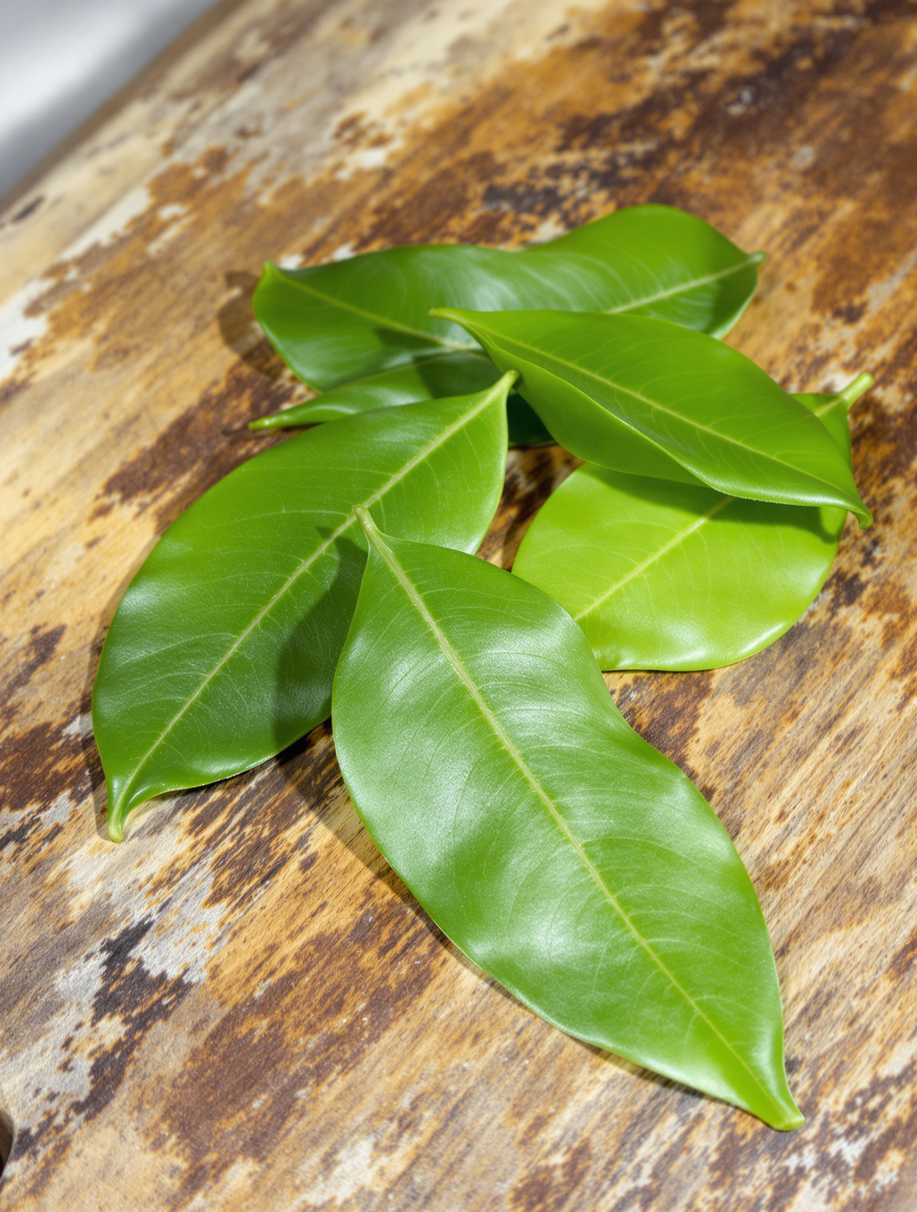Feuilles fraîches de laurier-sauce sur planche en bois