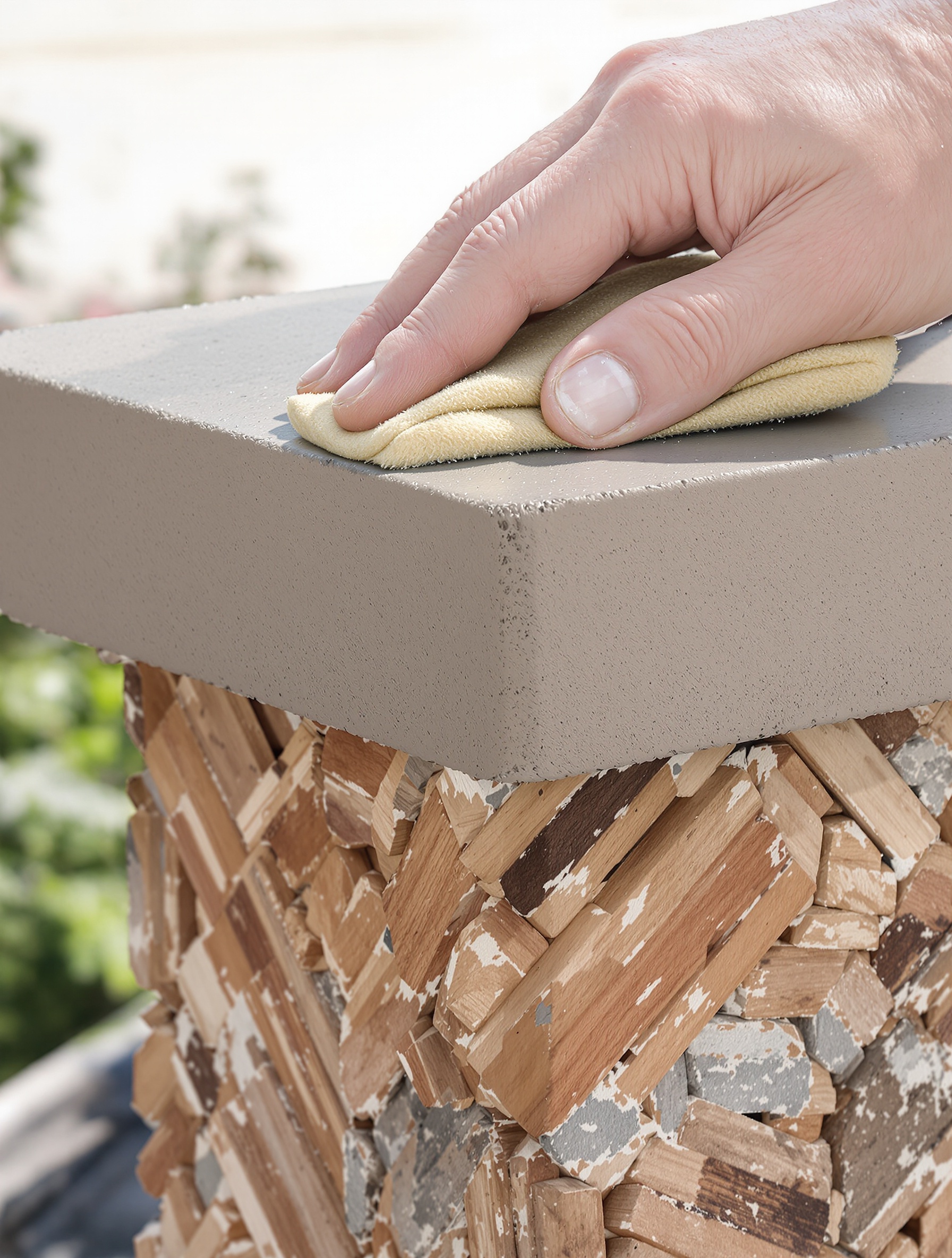 Finitions du joint du chapeau en béton, éponge humide pour lisser, rendu net et protégé.