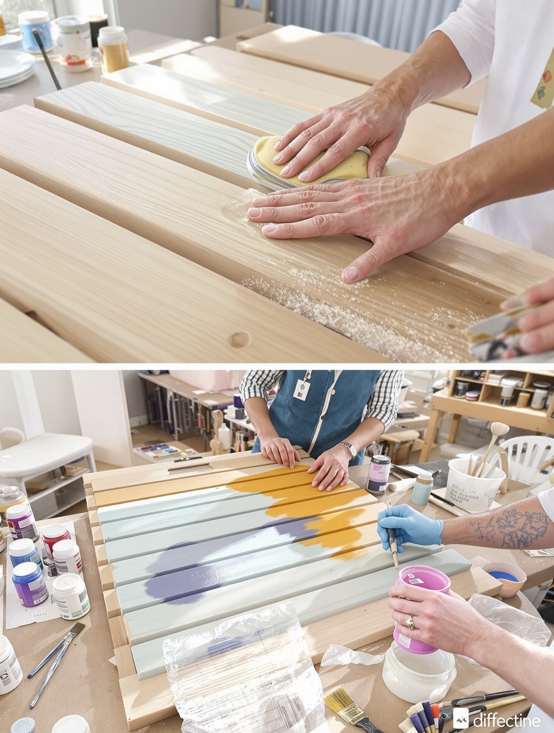 Démonstration des différentes étapes de finition d'une tête de lit en tasseaux : ponçage pour une surface lisse, application de vernis pour protéger, et peinture pour personnaliser.