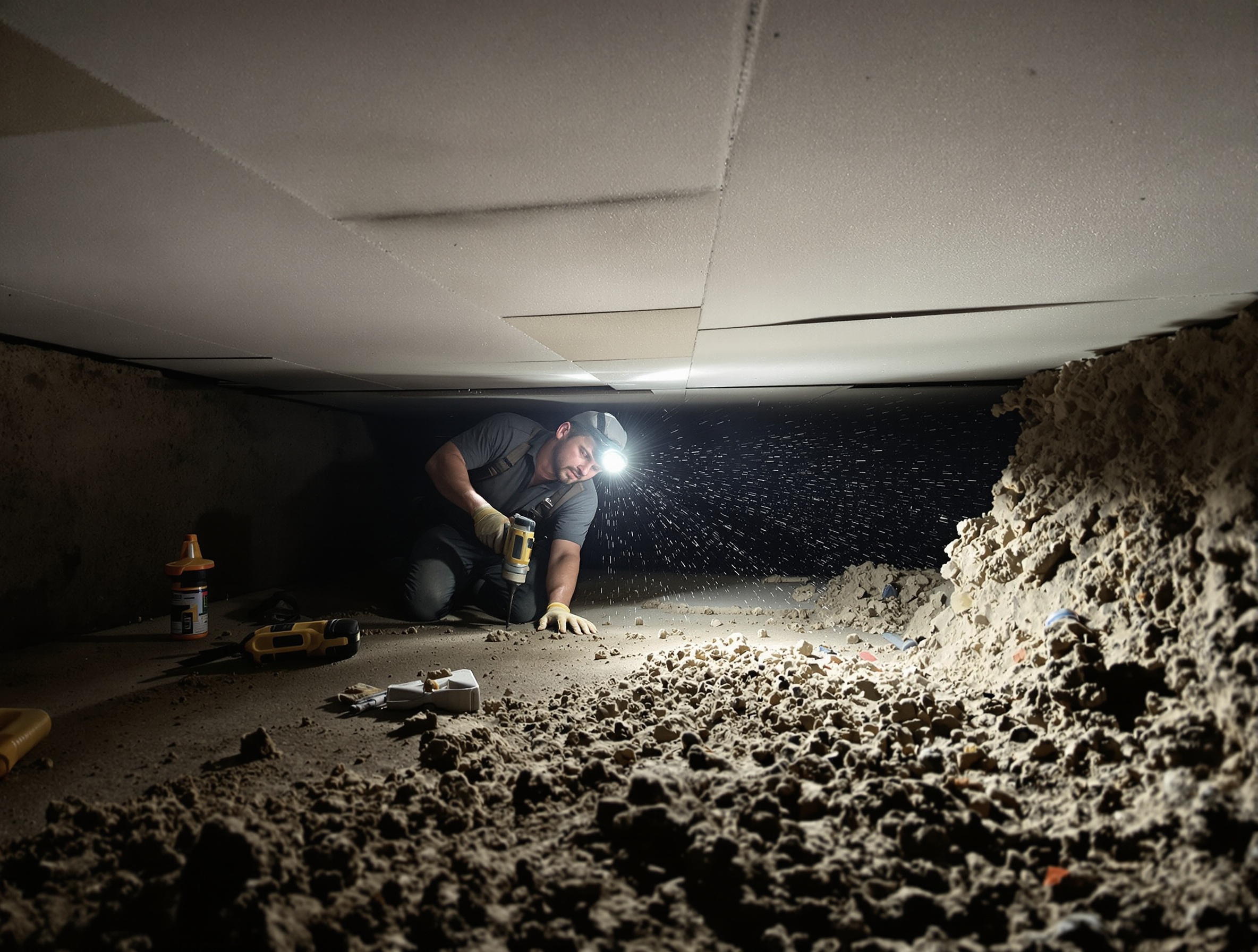 Pose de panneaux de polystyrène expansé sous dalle dans un vide sanitaire accessible.