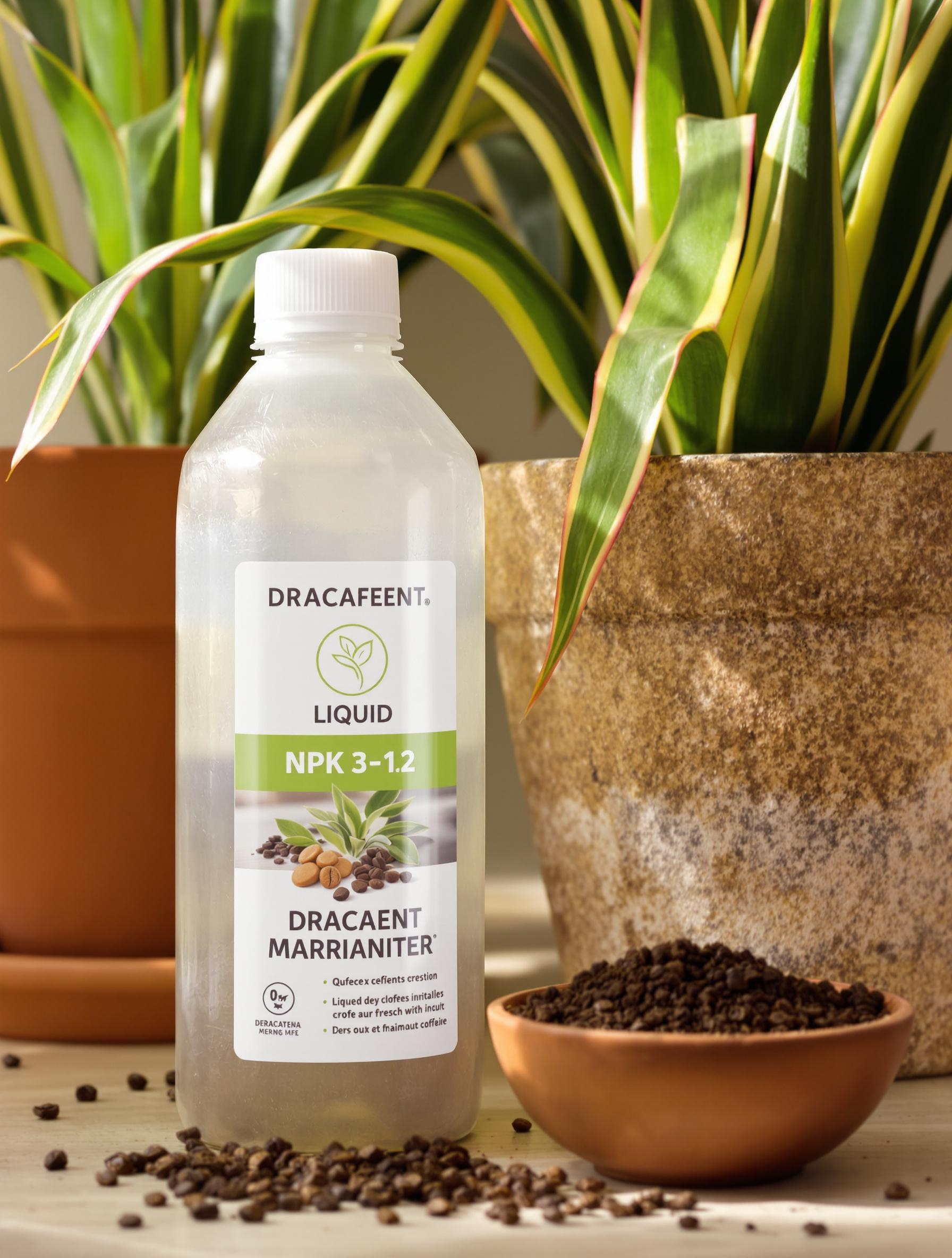 Engrais liquide NPK 3-1-2 comparé au marc de café devant un Dracaena marginata