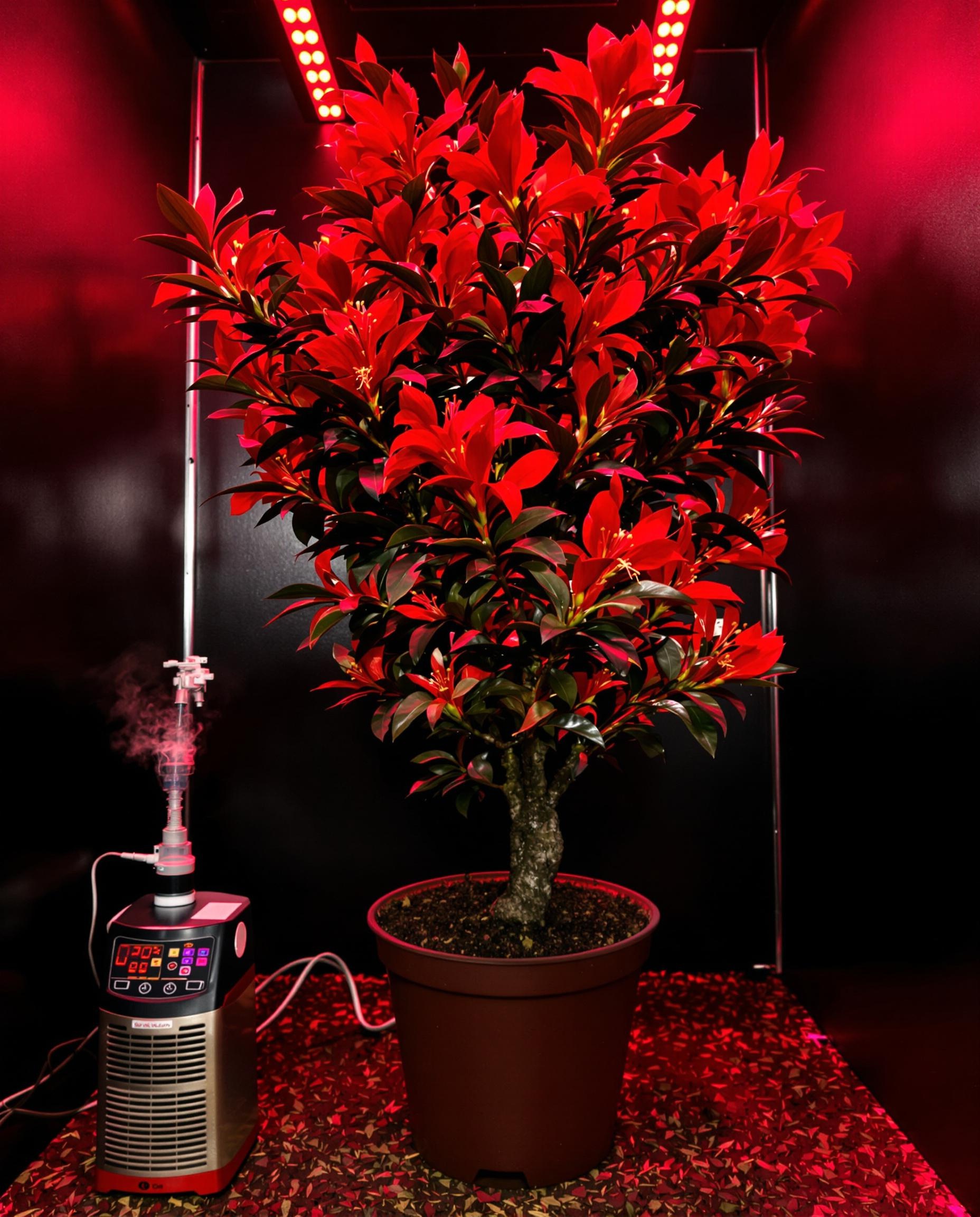 Flamboyant en floraison sous LED avec humidificateur