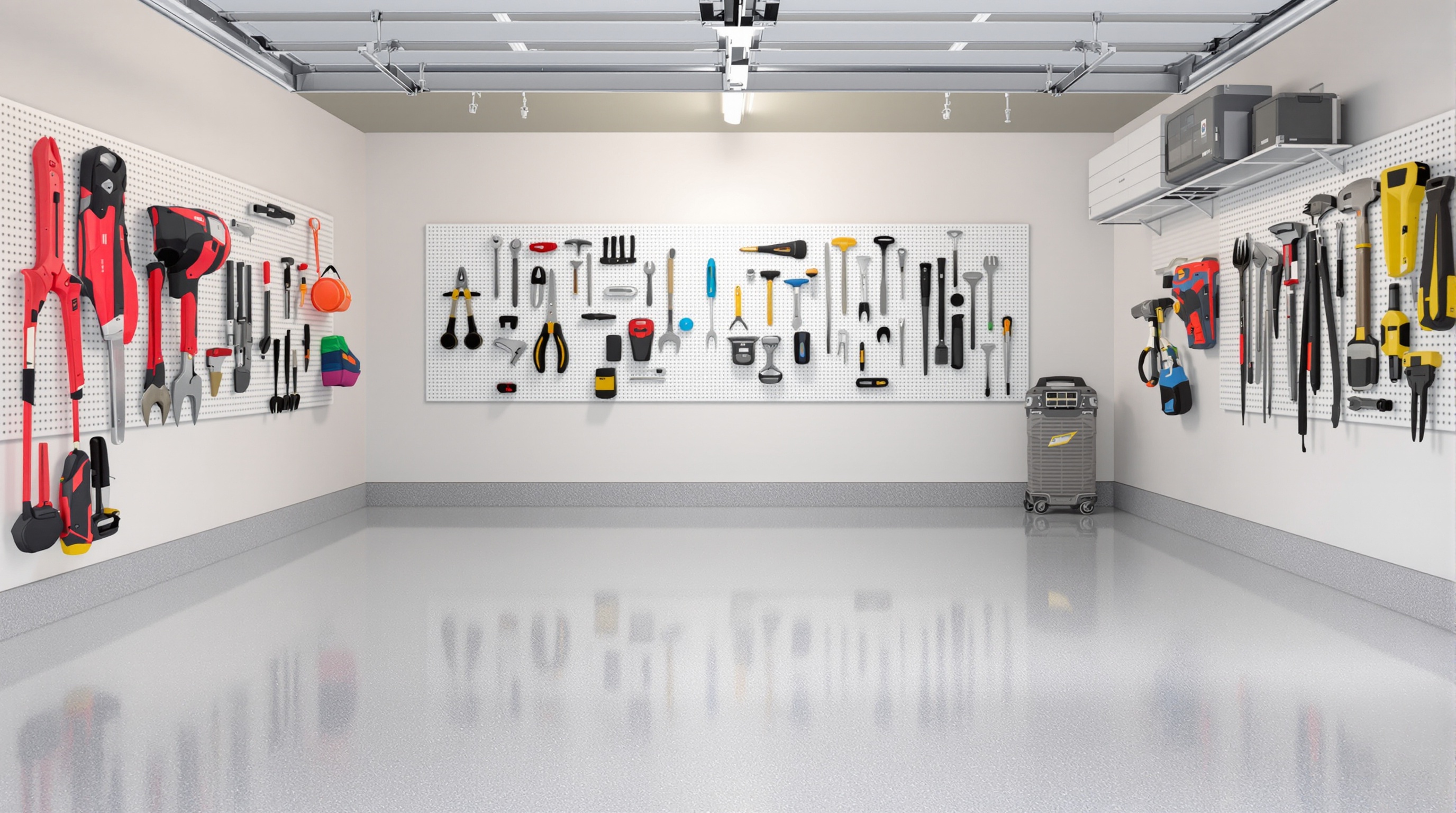 Un garage bien rangé avec quelques outils suspendus mais aucun encombrement au sol, mettant en valeur le gain de place grâce à la location d'outillage.