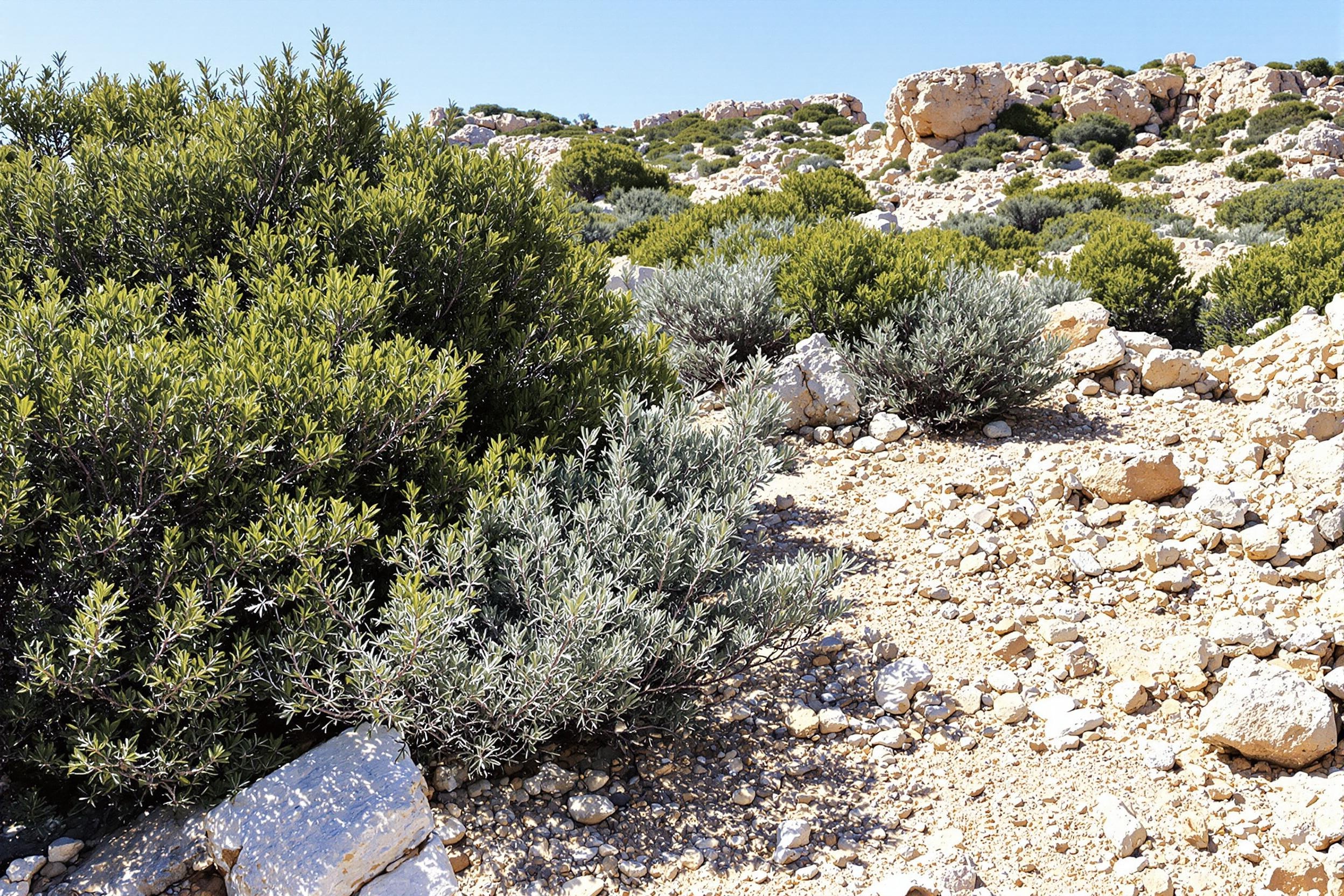 Paysage de garrigue méditerranéenne avec romarin, thym et sol pierreux