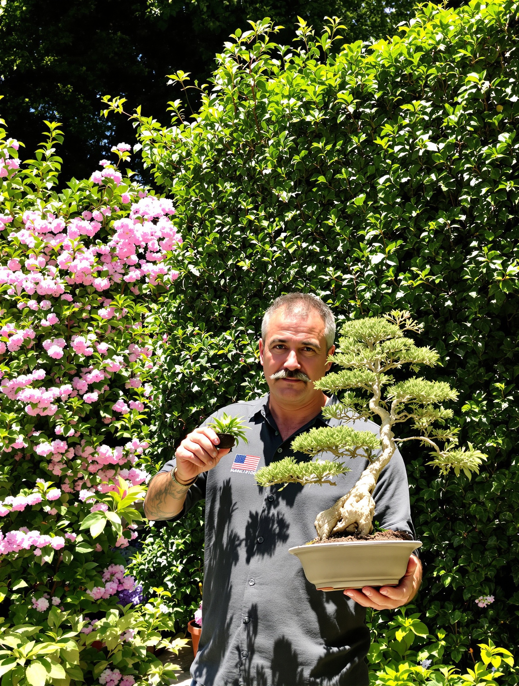 Gaspard Brochier hésitant entre albizia géant et bonsaï minuscule, alternatives cerisier du Japon, lilas des Indes et pergola kiwi.