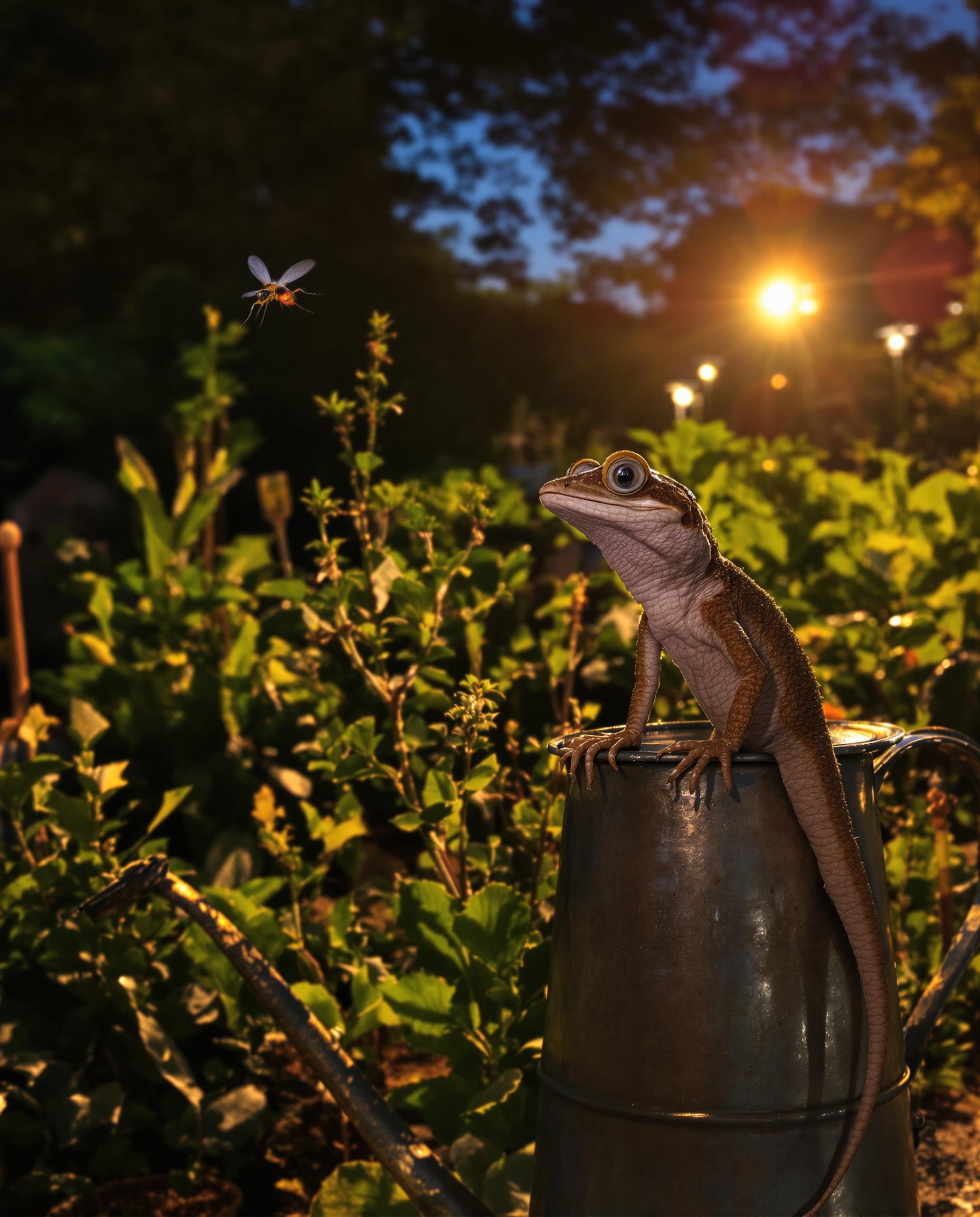 Un gecko méditerranéen sur arrosoir zinc, jardin potager luxuriant, moustique en vol, humour.