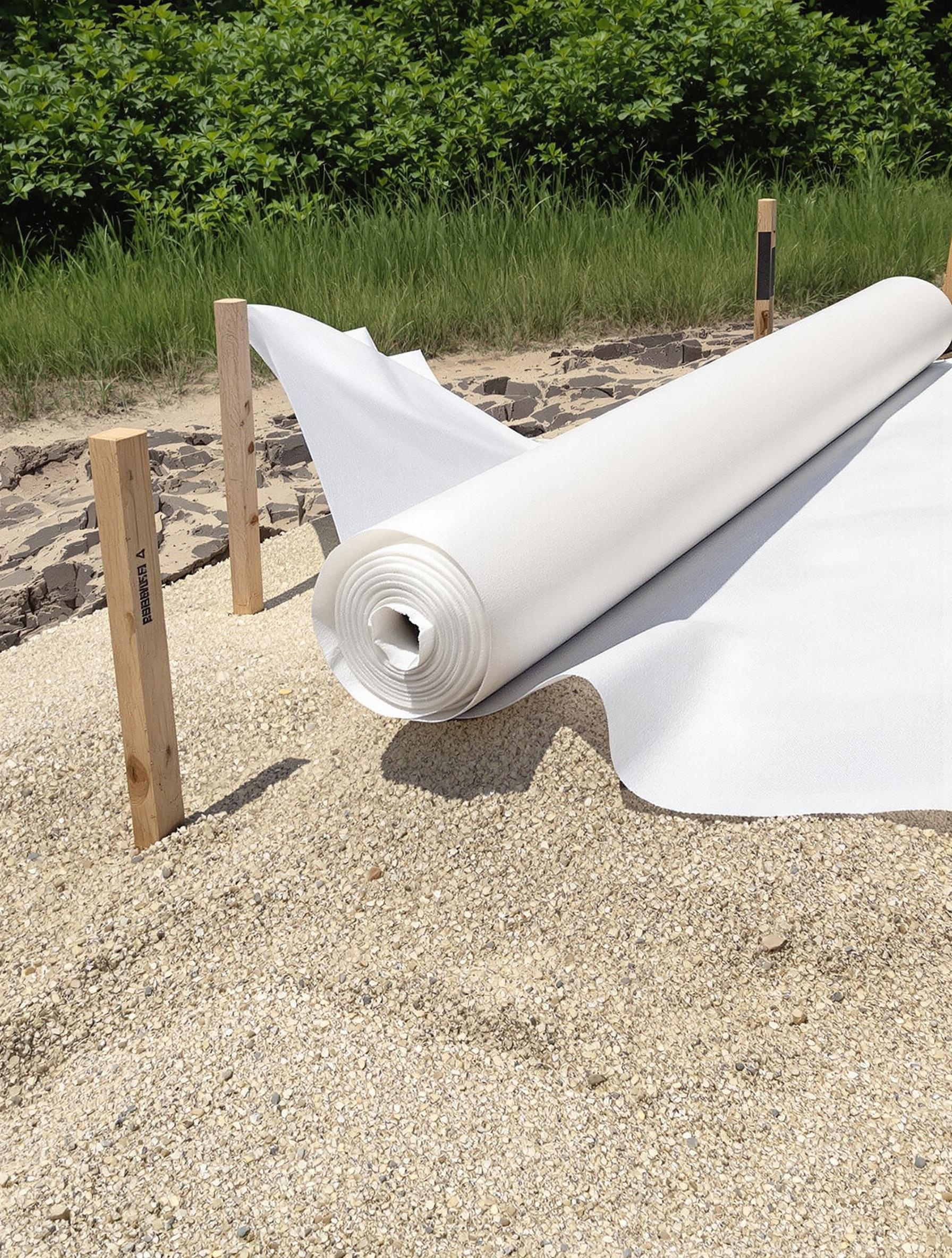 Rouleau de géotextile déployé sur lit de sable 0/4 pour allée carrossable