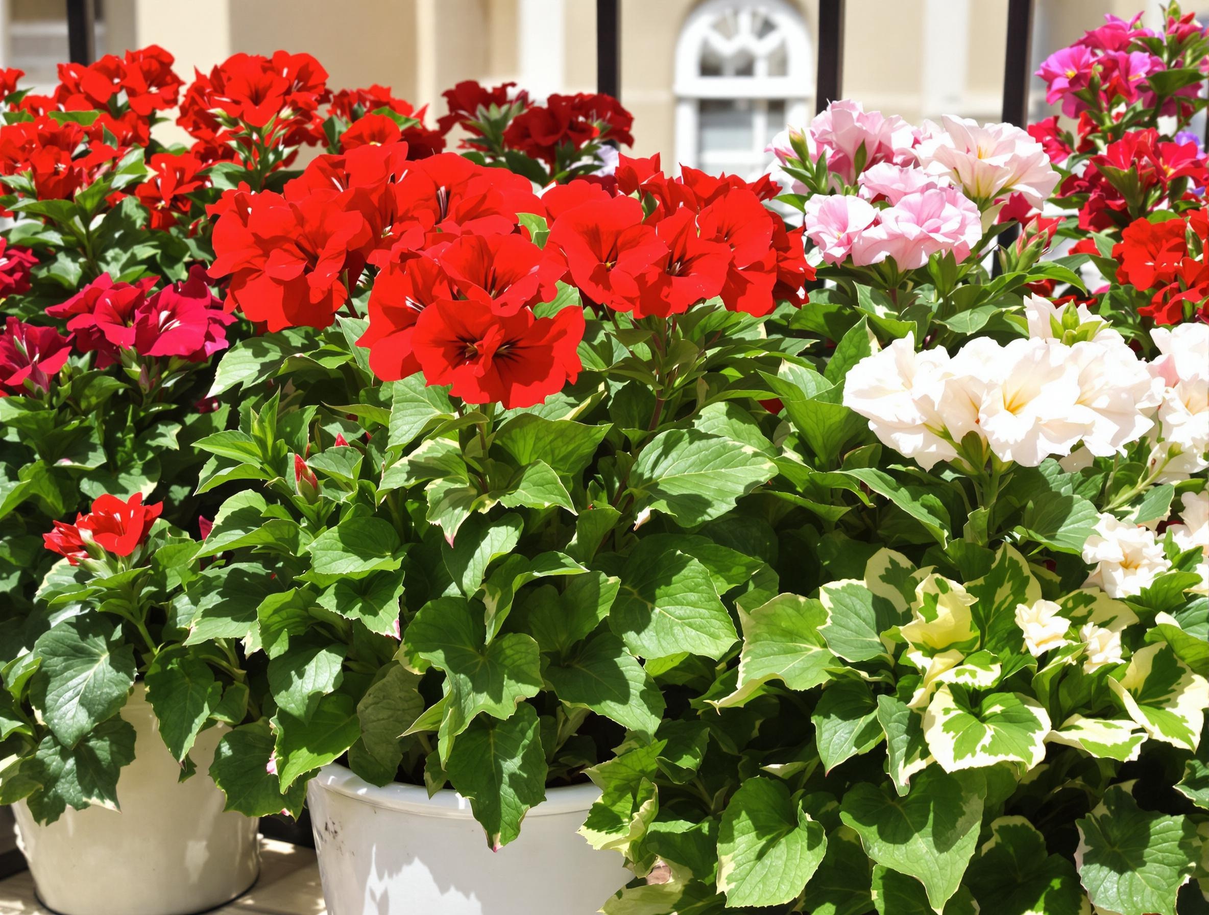 Quatre variétés de géranium zonale sur balcon ensoleillé