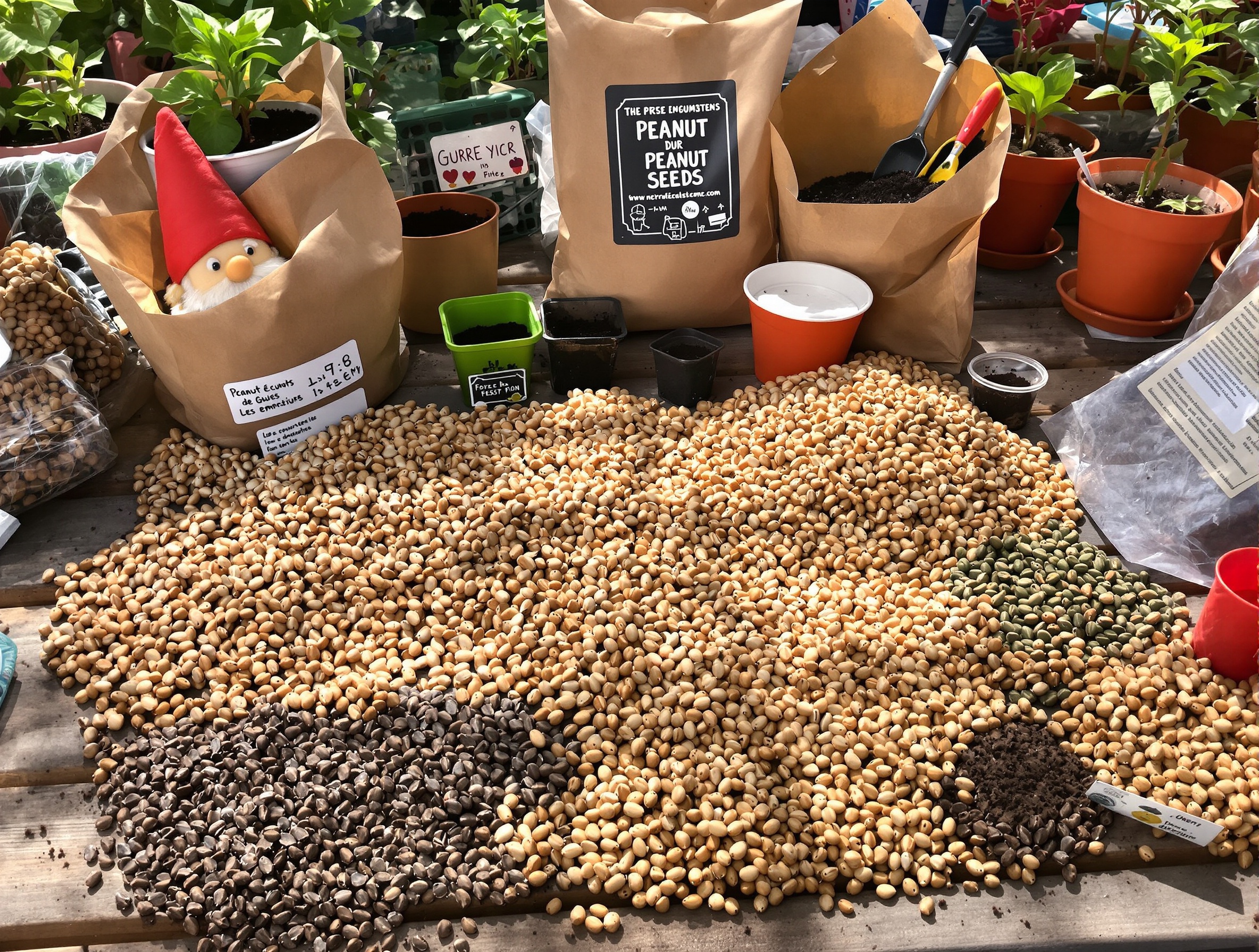 Différentes variétés de graines de cacahuètes avec contenants et terreau