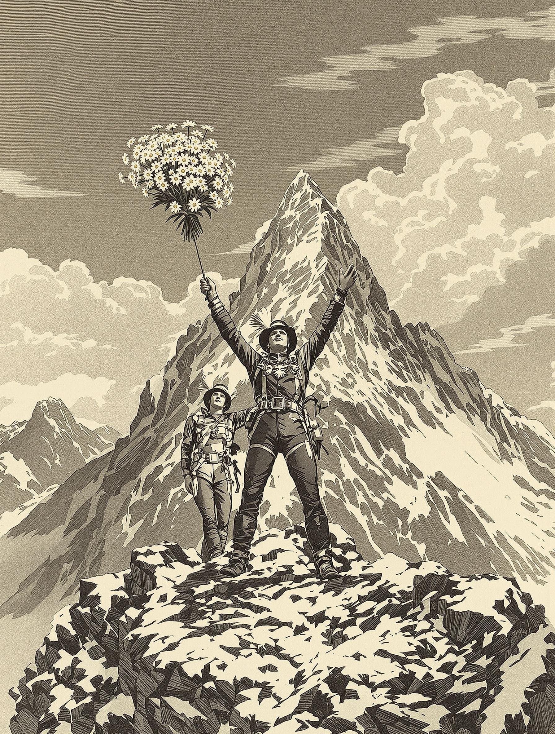 Gravure ancienne d’alpinistes tyroliens avec edelweiss