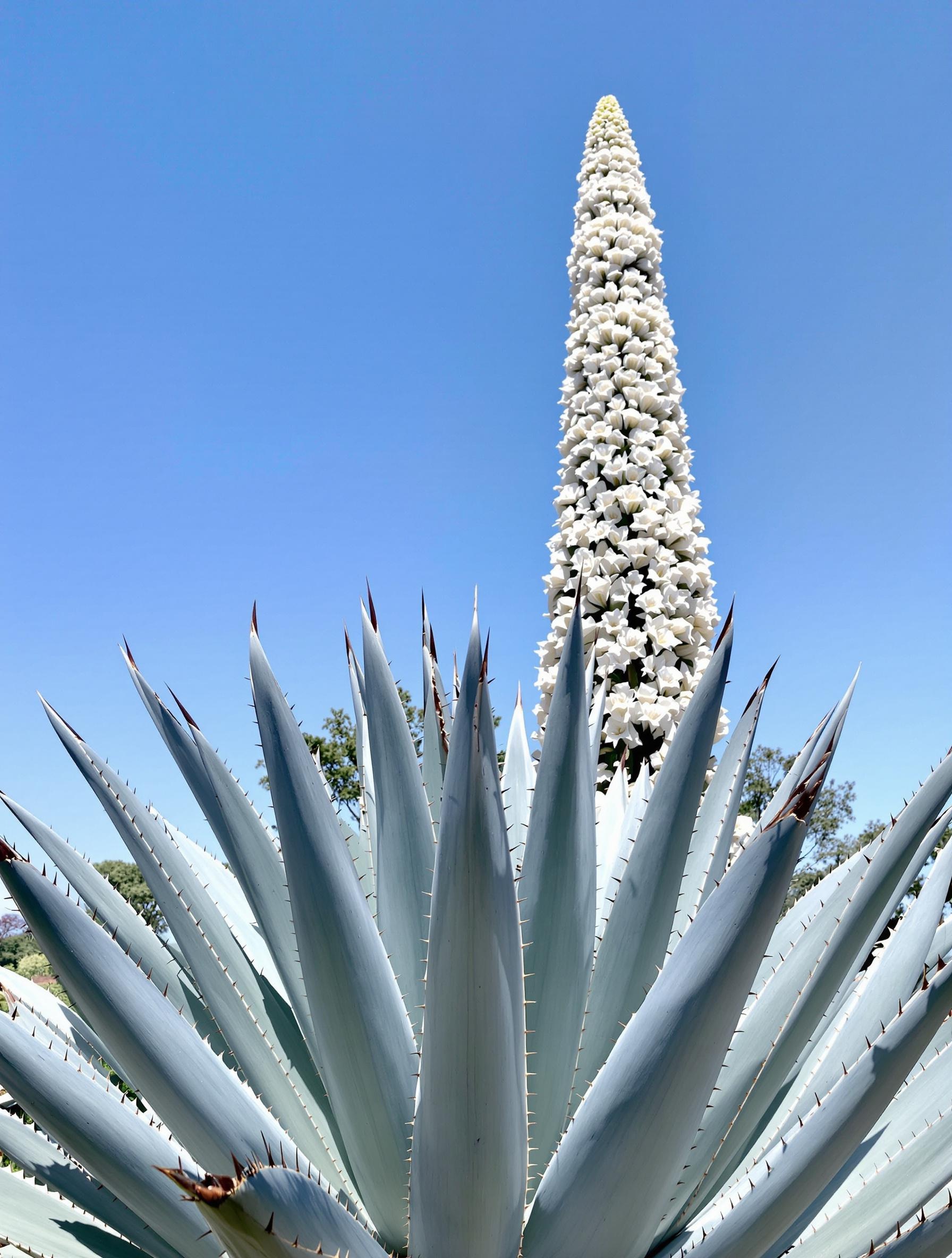Rosette mature d'Agave americana avec une hampe florale de 8 mètres