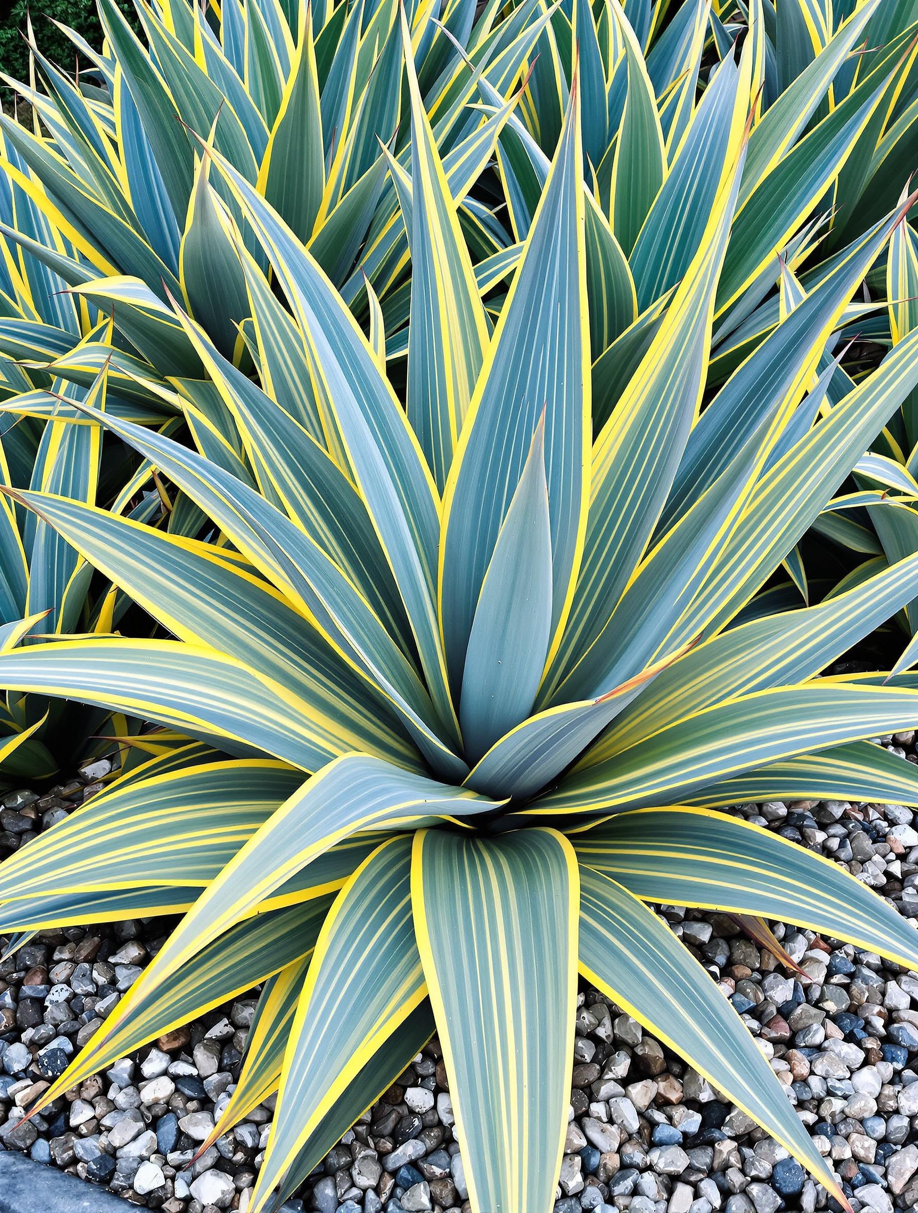 Variétés contrastées d'Agave americana : Variegata, Mediopicta, Striata