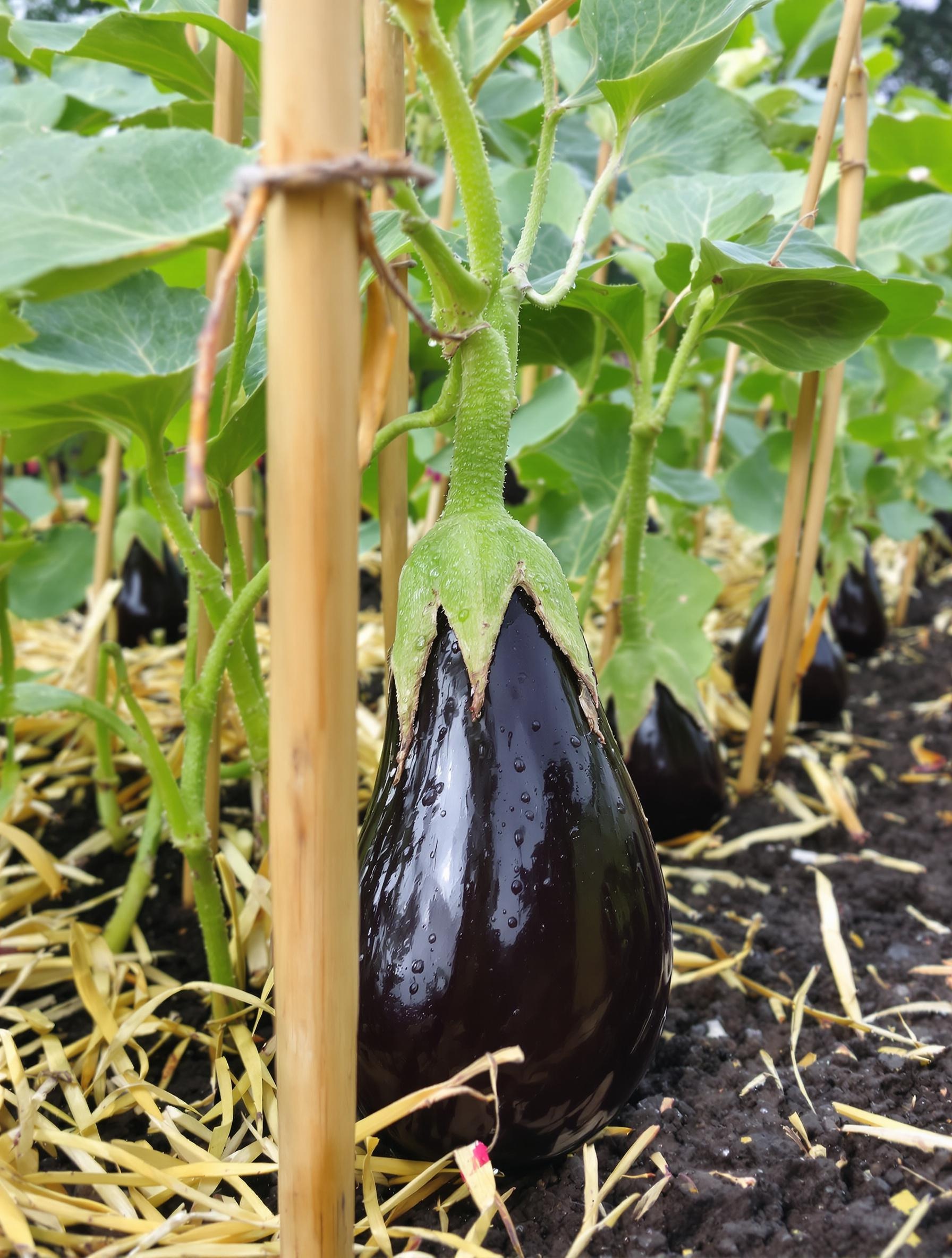 Plants d'aubergines arrosés et paillés avec de la paille dorée
