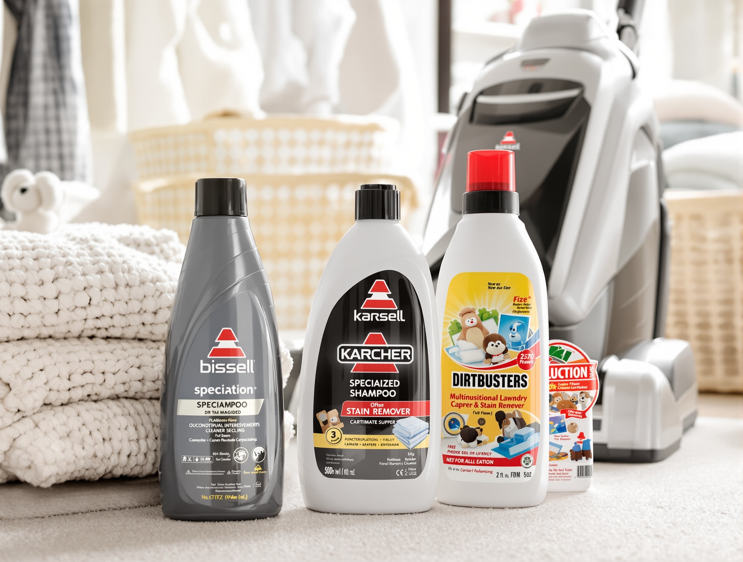 Flacons de shampooing Bissell, Karcher et Dirtbusters posés à côté d'une shampouineuse