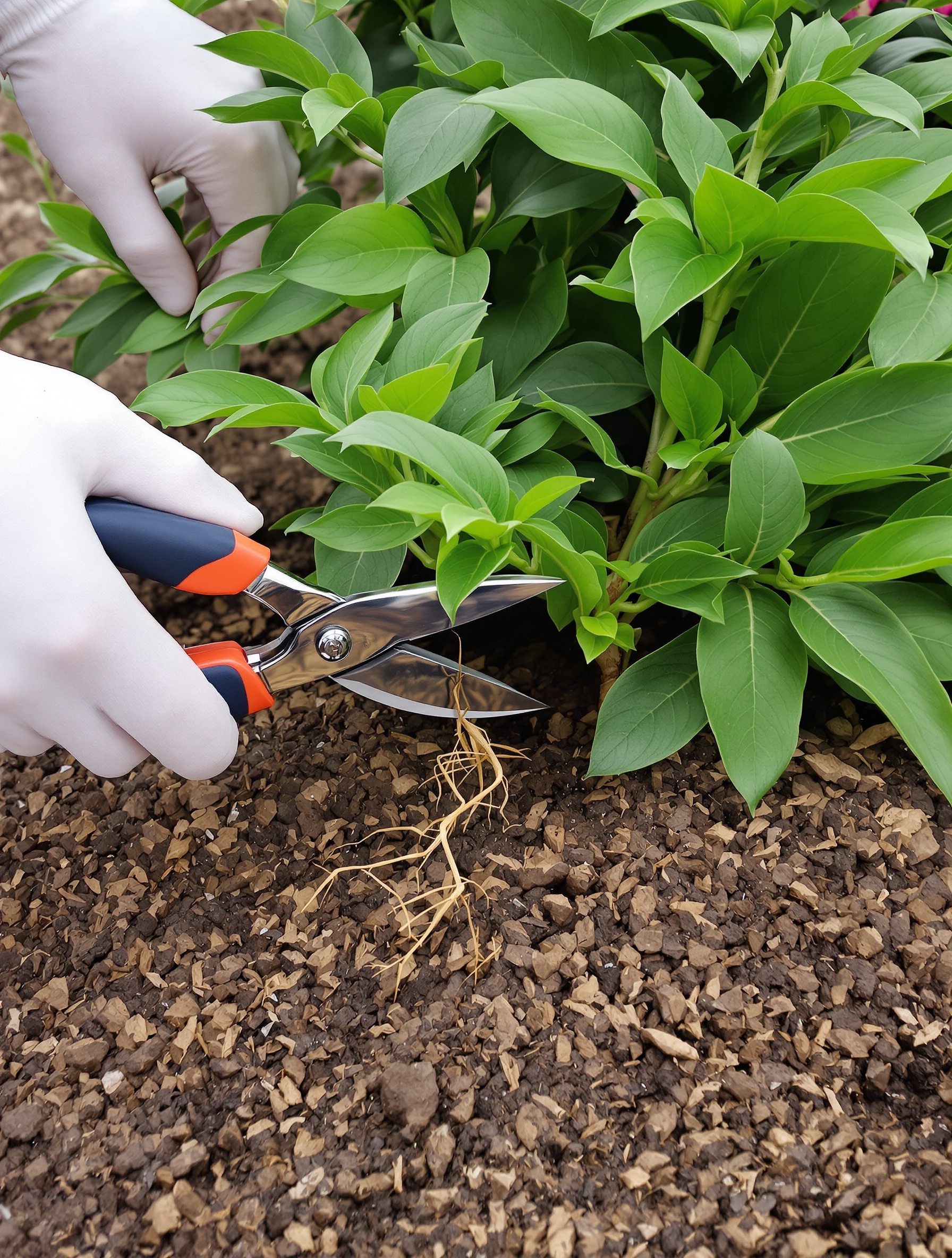 Gros plan sur des mains gantées prélevant une bouture de racine de pivoine avec un sécateur parfaitement propre, à côté d'une motte de terre et d'une plante mère vigoureuse.