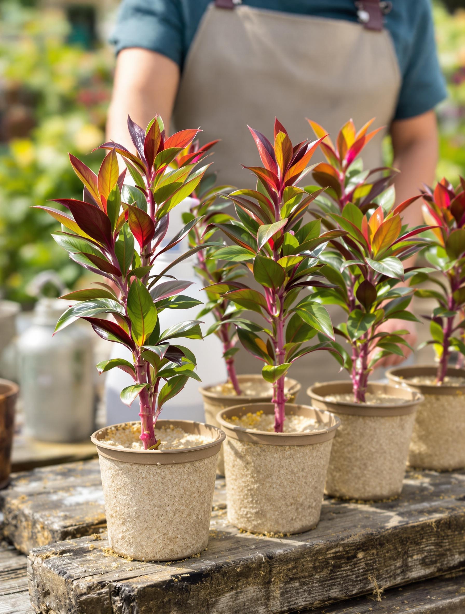 Boutures d’Escallonia ‘Red Dream’ dans godets de sable sur une table rustique