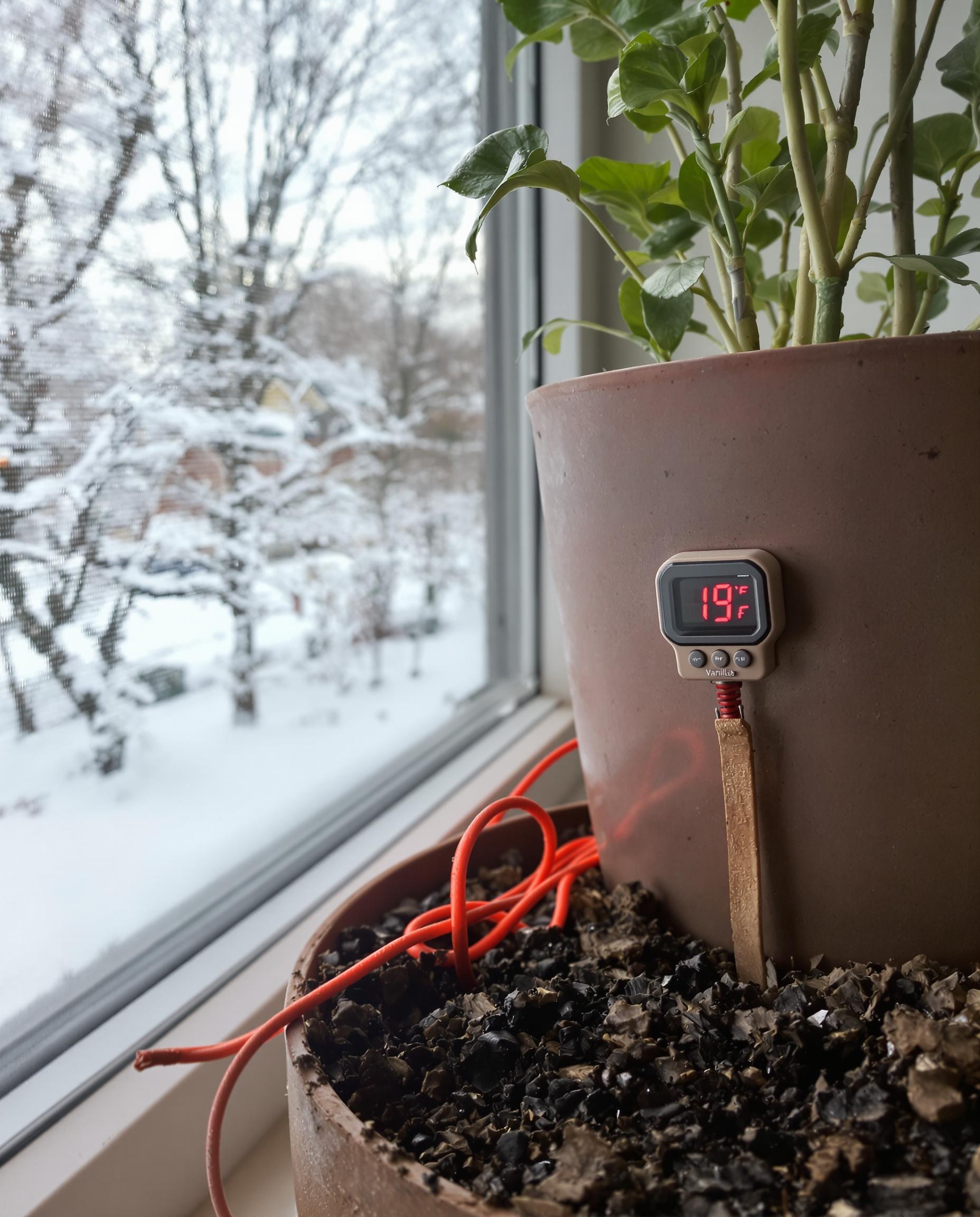 Câble chauffant sous pot de vanille avec thermomètre affichant 19°C.