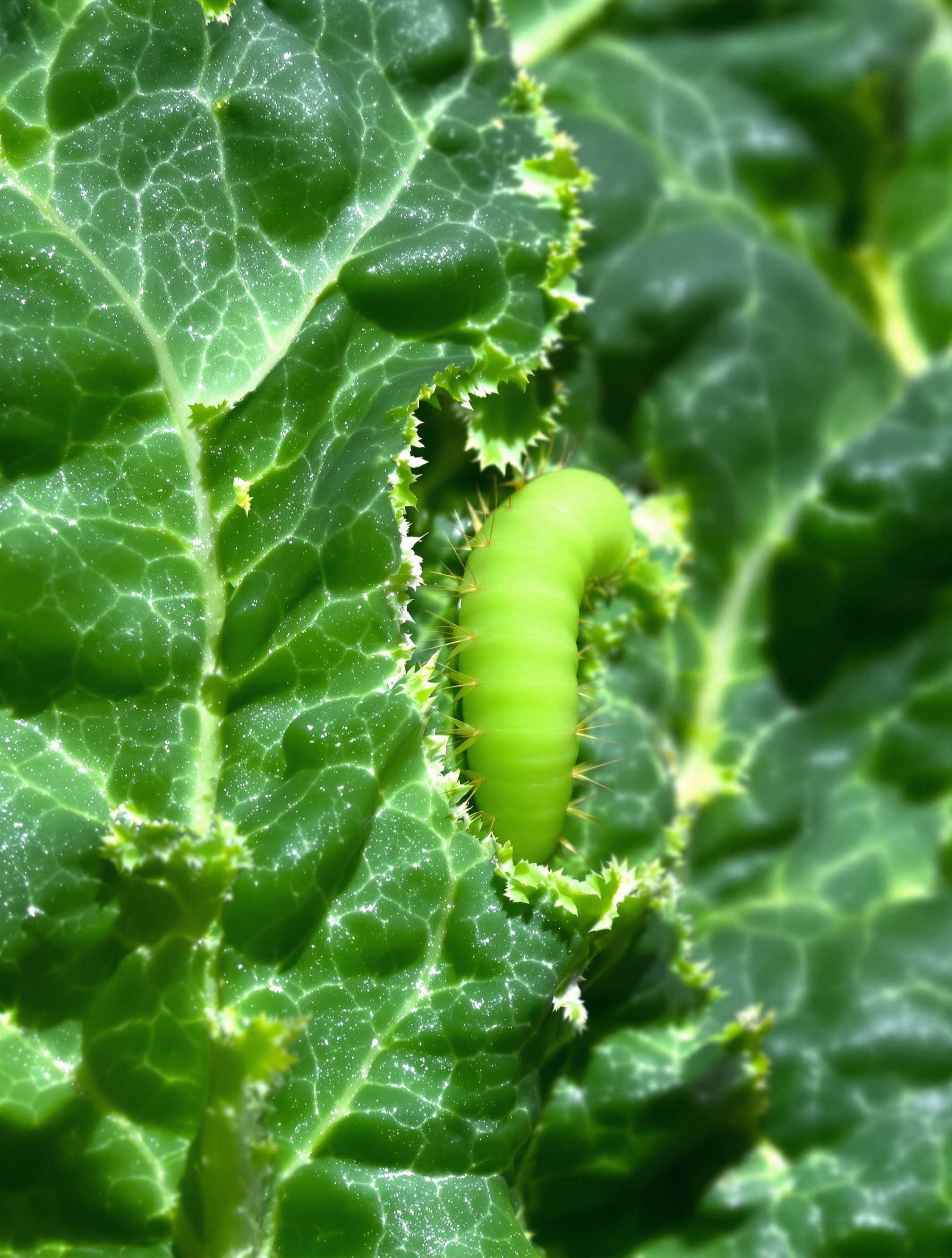 Chenille de la Piéride du chou sur feuille grignotée, papillon blanc en arrière-plan.