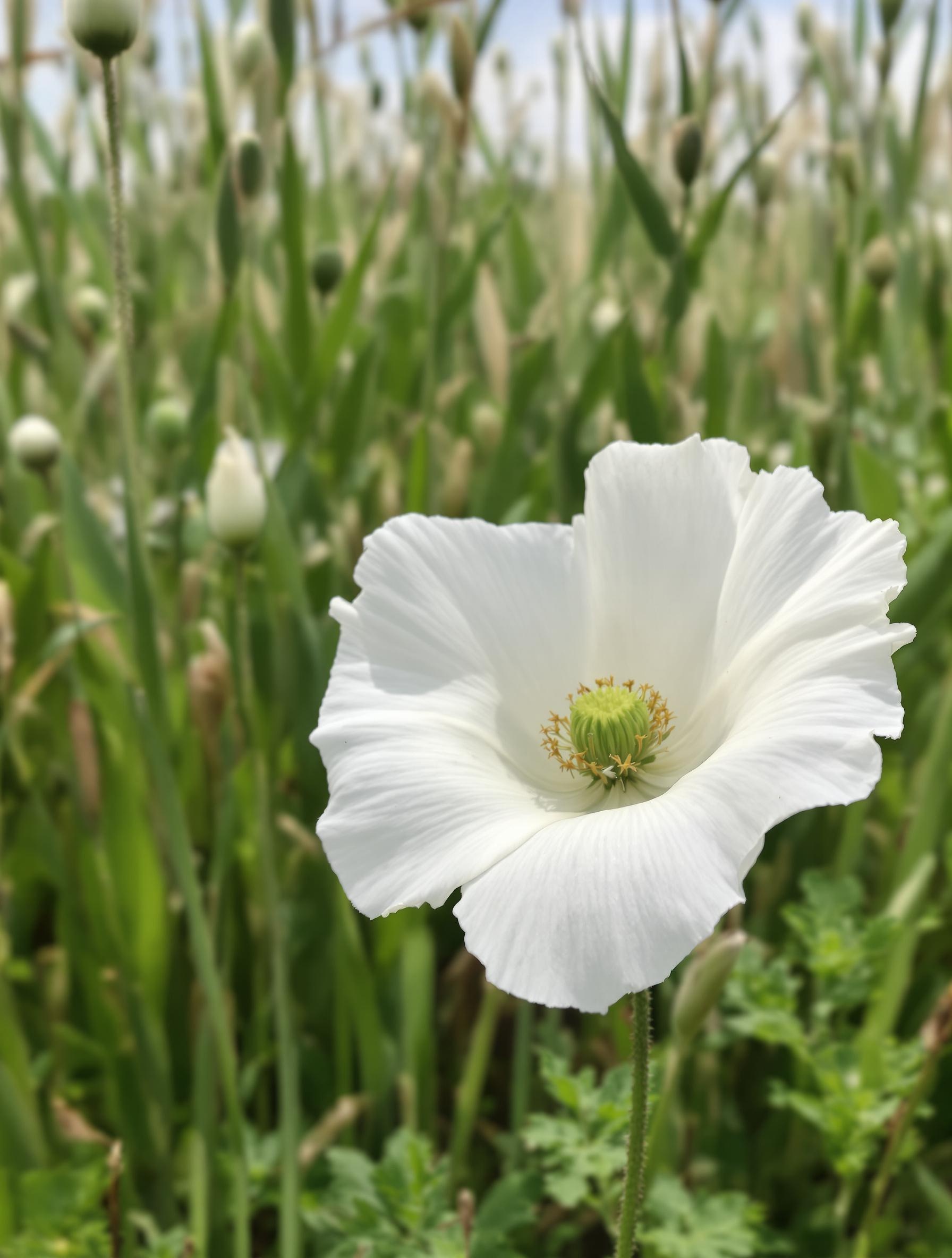 Gros plan sur un coquelicot blanc sauvage (Papaver rhoeas var. alba) dans une prairie non tondue