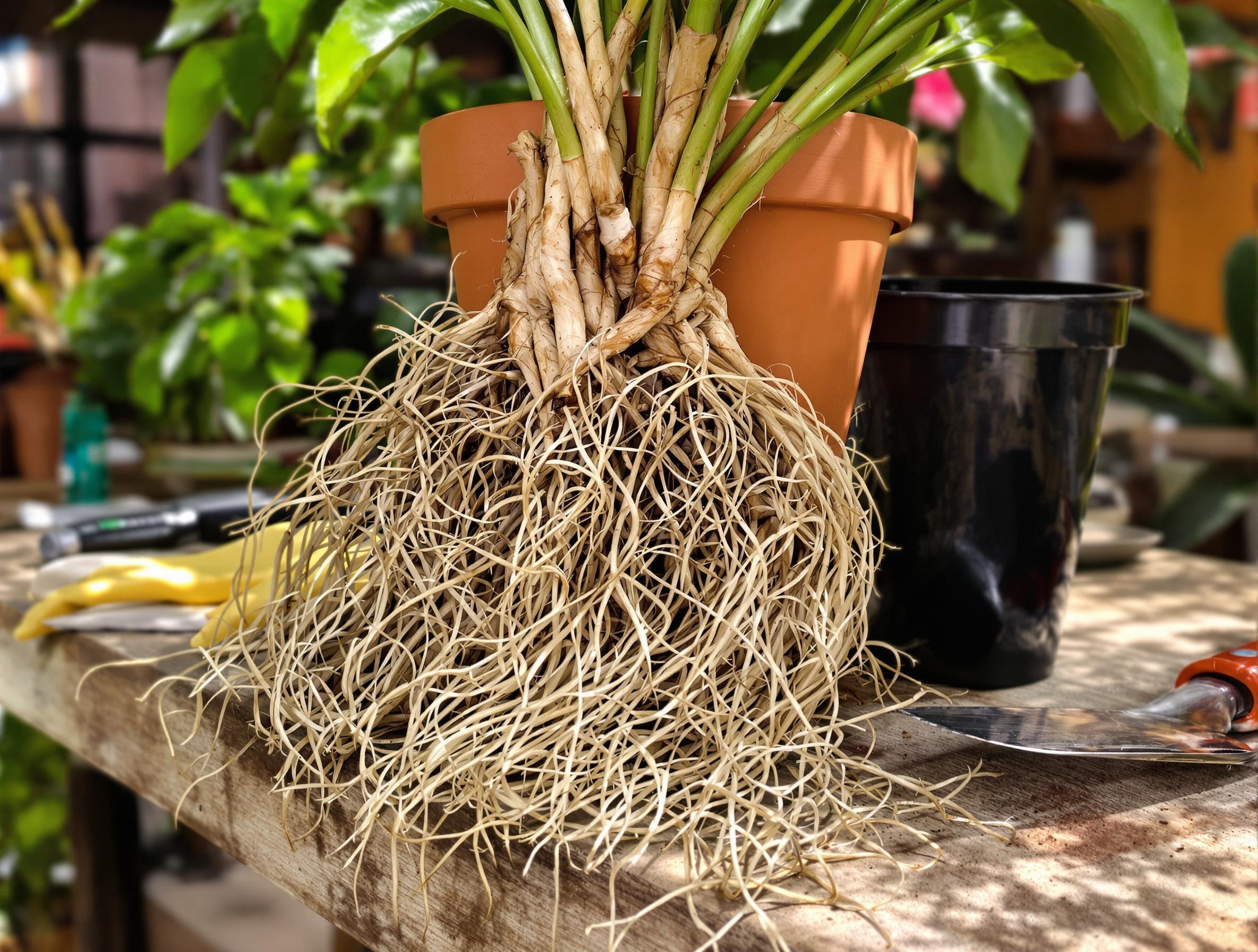Dracaena marginata dépotté, montrant des racines enchevêtrées et divers pots