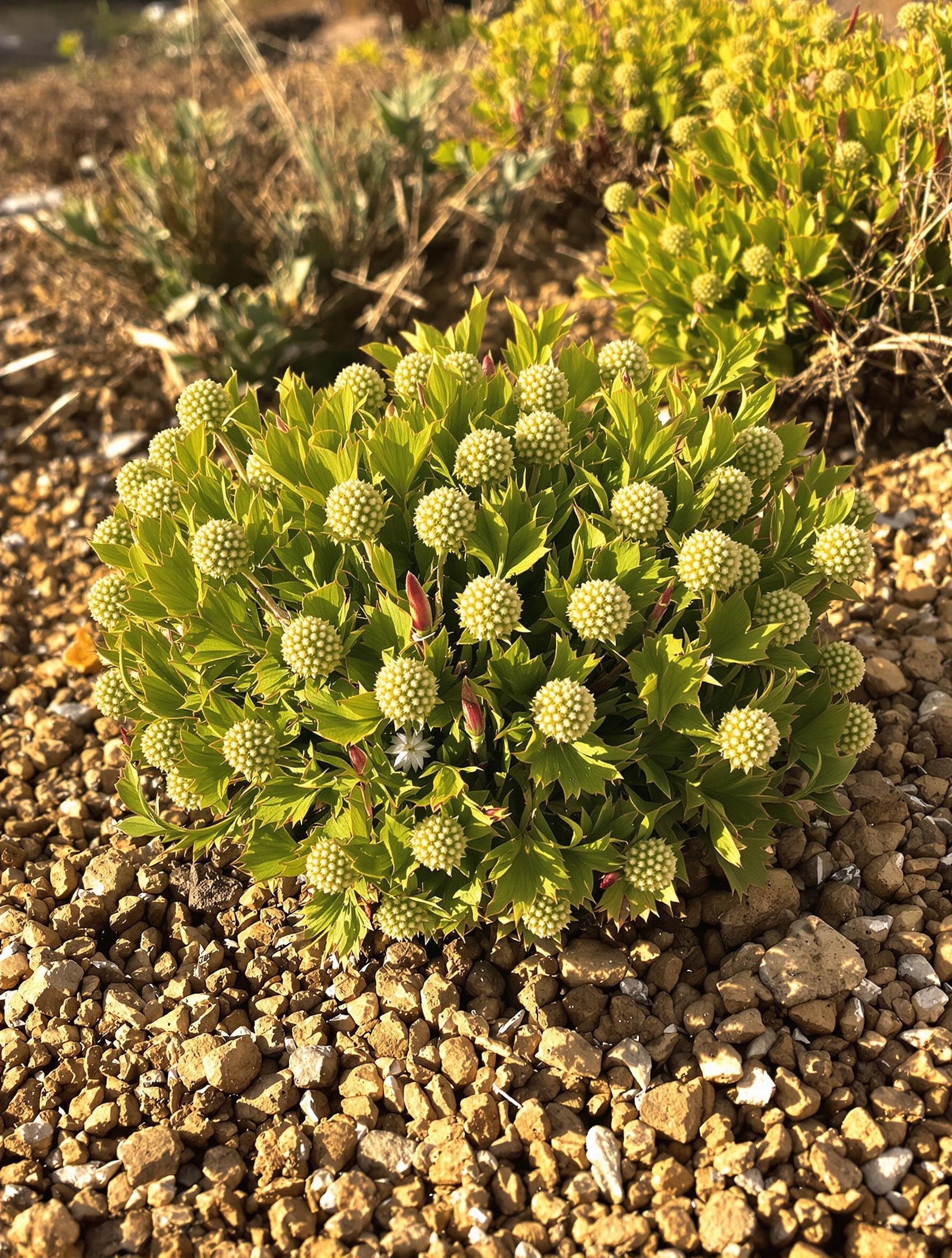 Jeune Euphorbia characias installée dans un mélange gravier-terreau sur une restanque de garrigue, drainée comme un toit de tuiles.