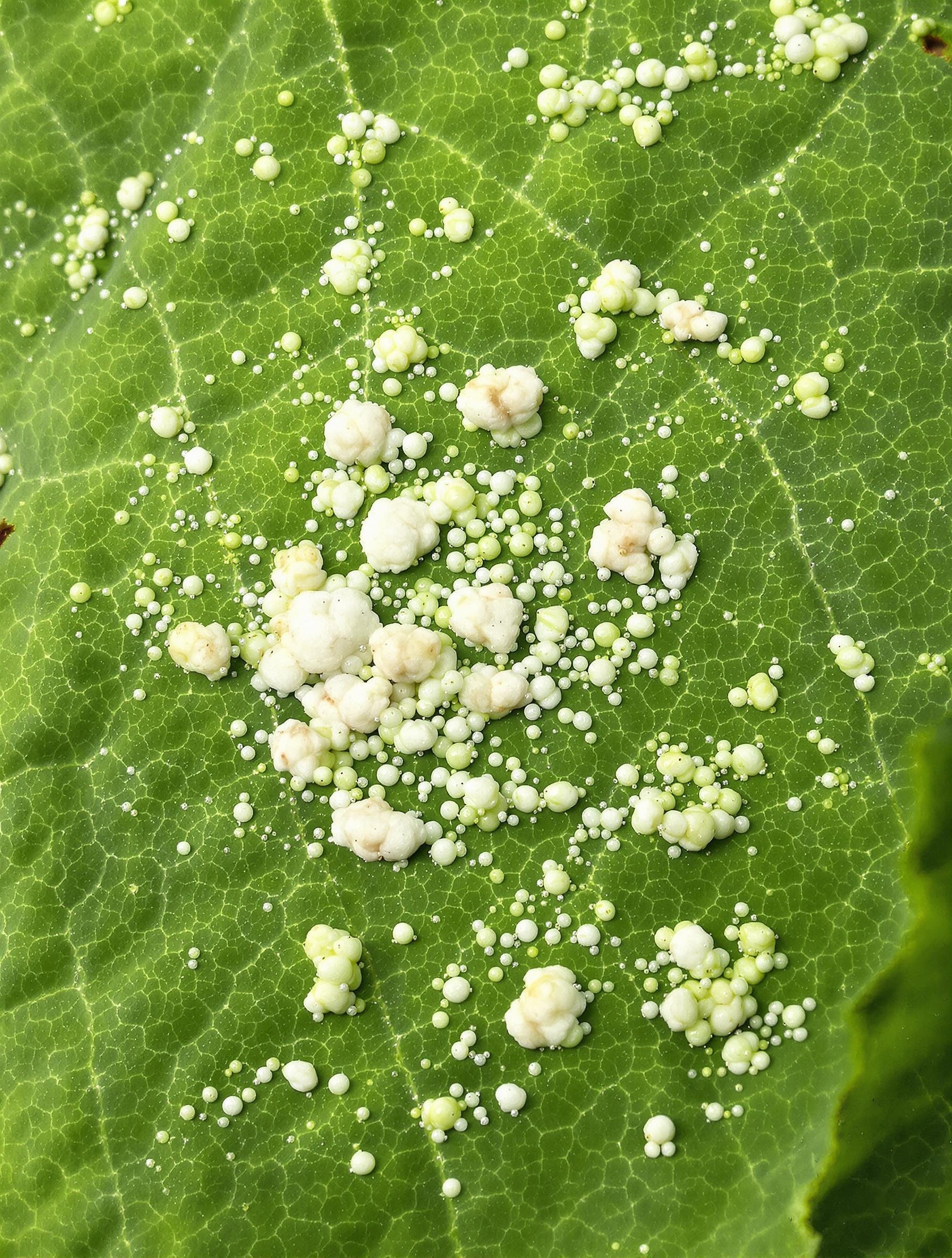 Gros plan sur une feuille d’hortensia infestée par Pulvinaria hydrangeae.