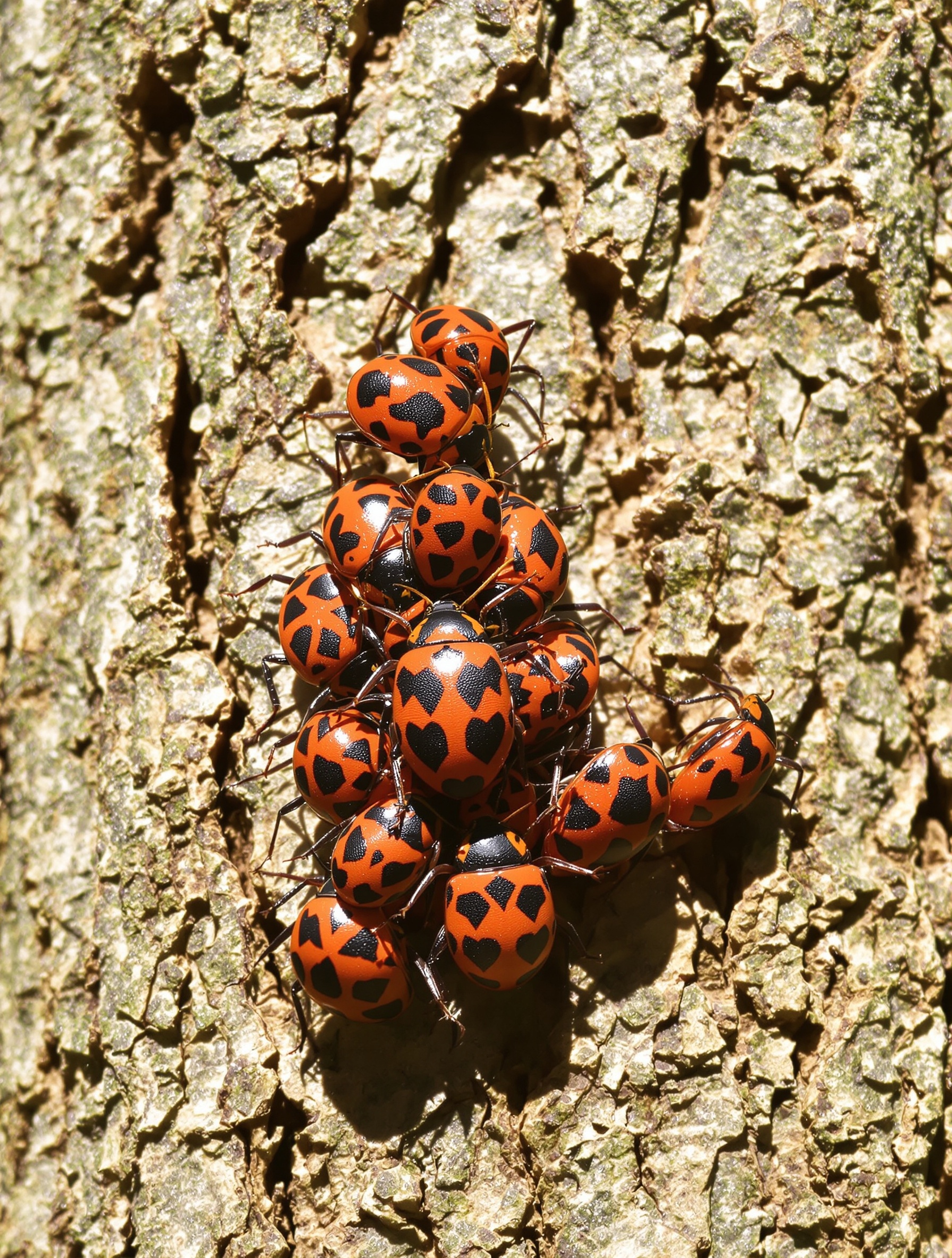 groupe de gendarmes Pyrrhocoris apterus au soleil sur écorce de tilleul