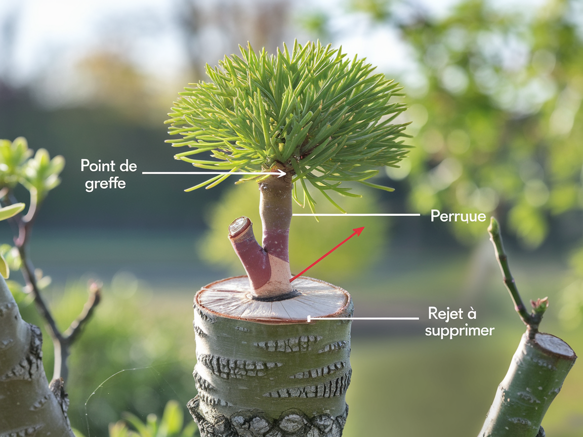 Gros plan pédagogique sur le point de greffe d'un saule crevette sur tige avec flèches indiquant 'perruque' à tailler et rejet à supprimer.