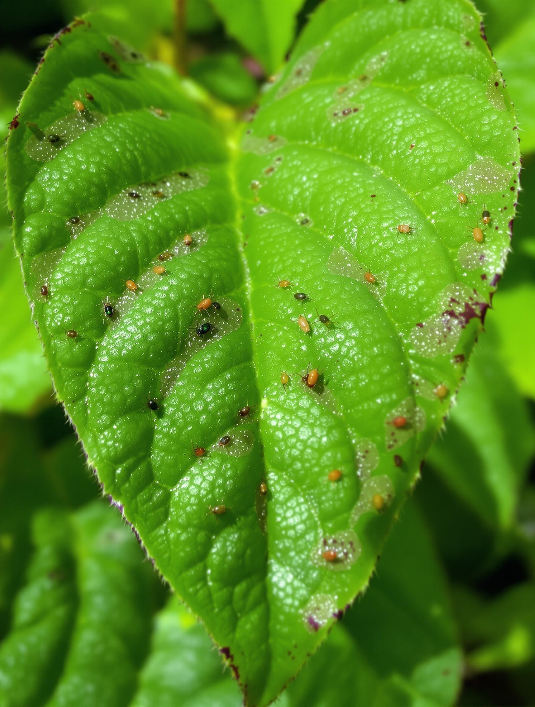 Gros plan sur une feuille d'Impatiens infestée de pucerons verts et d'araignées rouges
