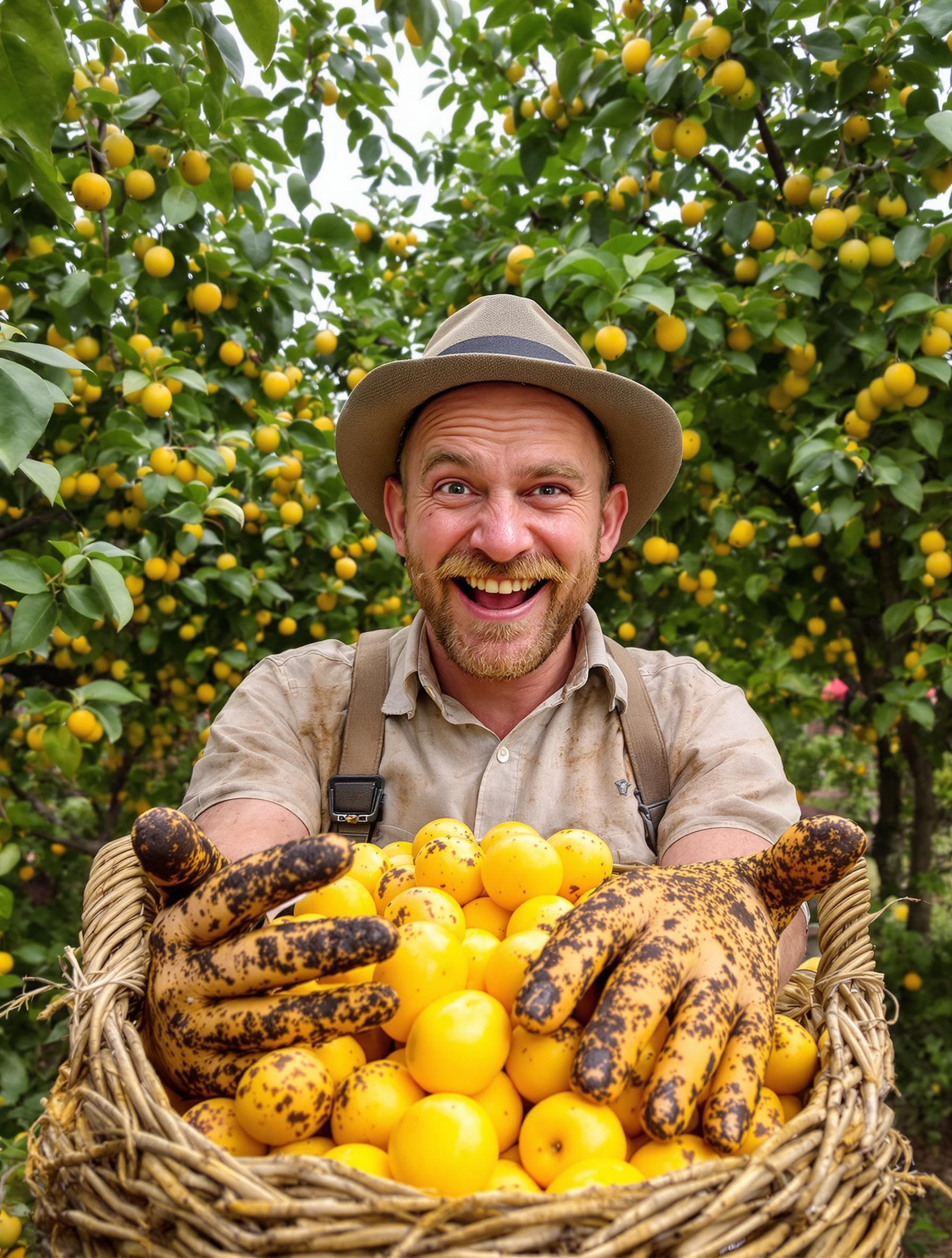 Jardinier souriant avec un panier de prunes jaunes dans un verger rustique.