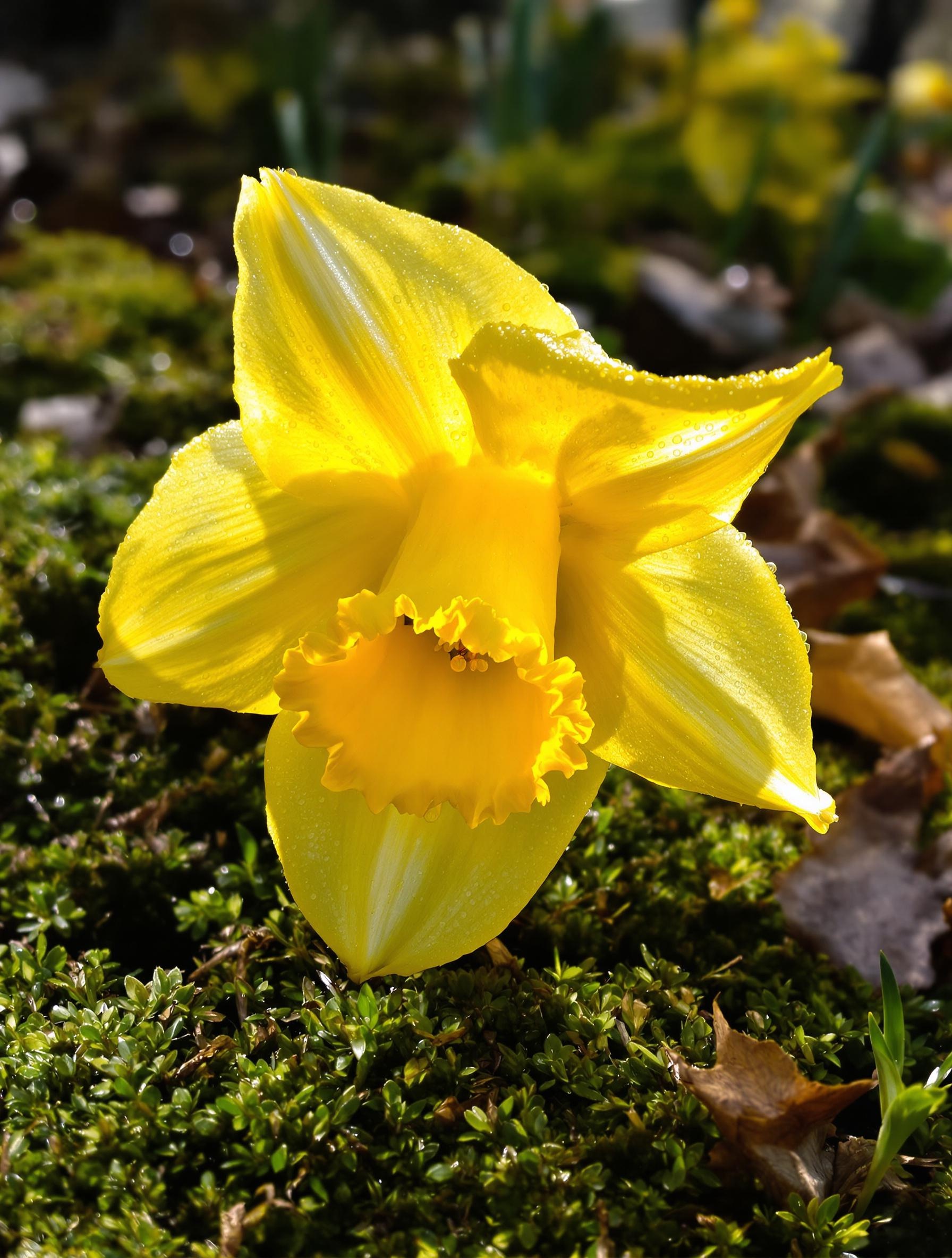 Gros plan sur une jonquille (Narcissus pseudonarcissus) éclaboussée de rosée dans un sous-bois d’Alsace.