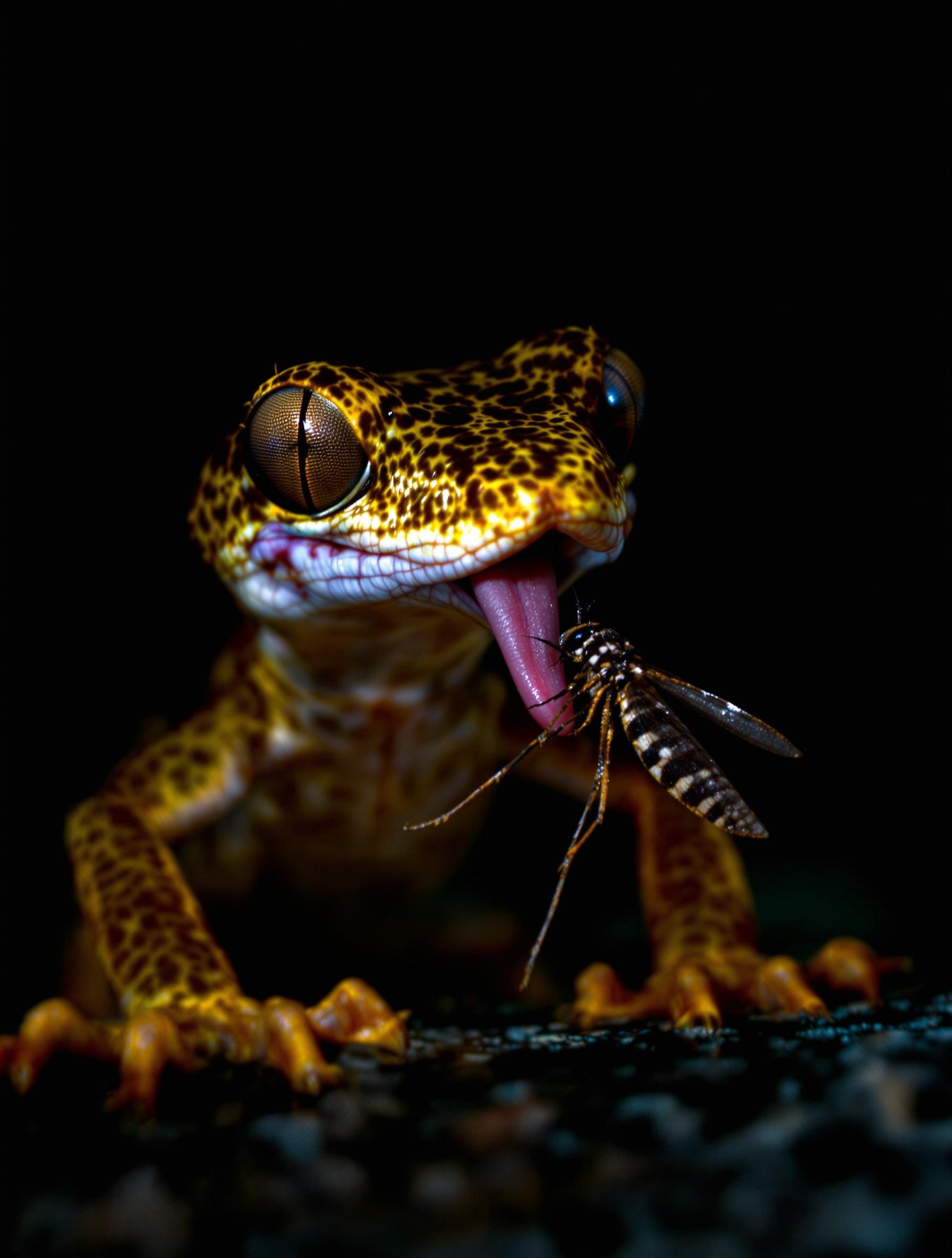 Gros plan sur la langue d’un gecko capturant un moustique, détail des sétules des pattes.