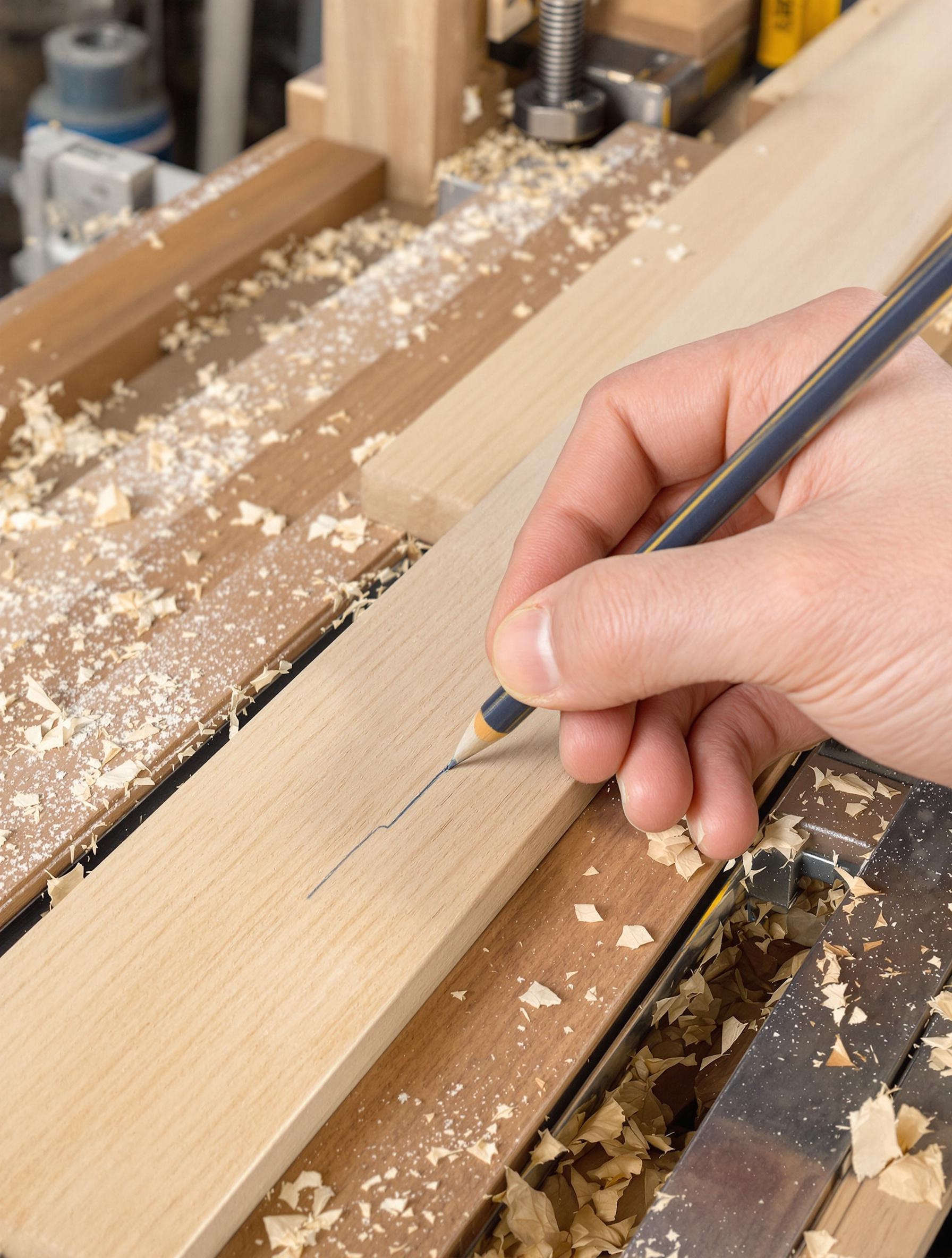 Main traçant une ligne fine sur une plinthe en bois à l’aide d’un crayon et d’une boîte à onglet.