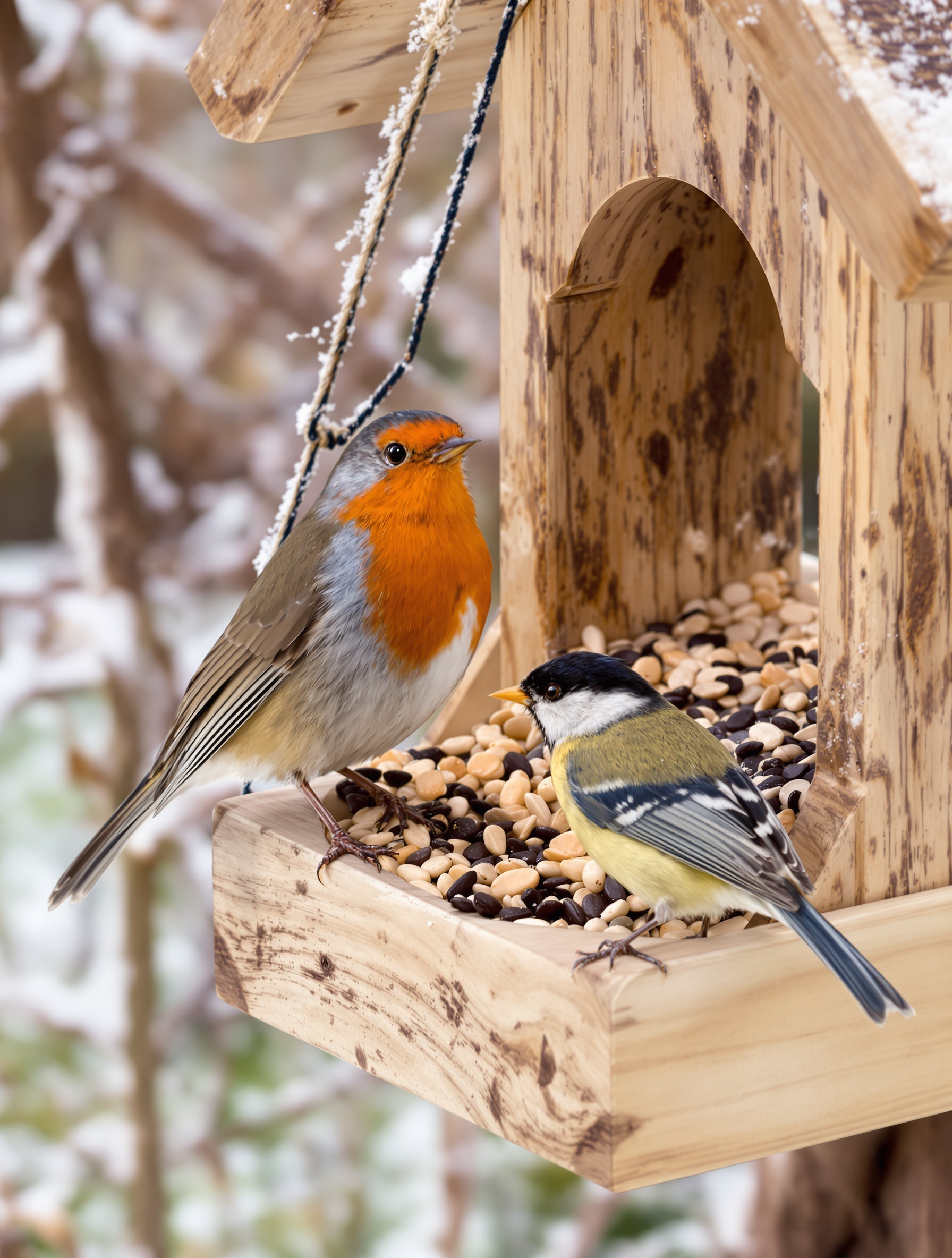 Mangeoire maison remplie de graines variées avec oiseaux en hiver