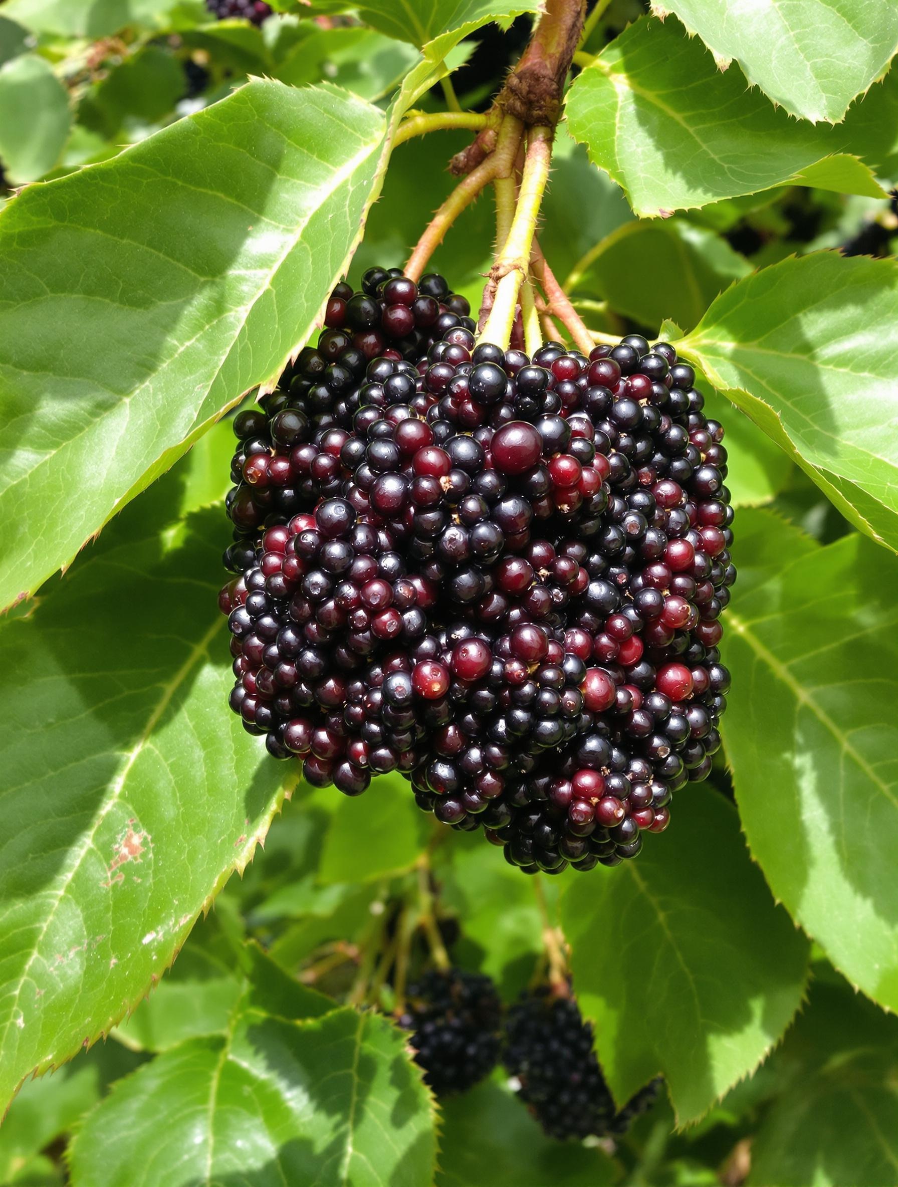 Gros plan sur des fruits noirs violacés du mûrier platane (Morus kagayamae), accrochés à un feuillage large joliment découpé. Texture appétissante des drupéoles sous lumière douce naturelle.
