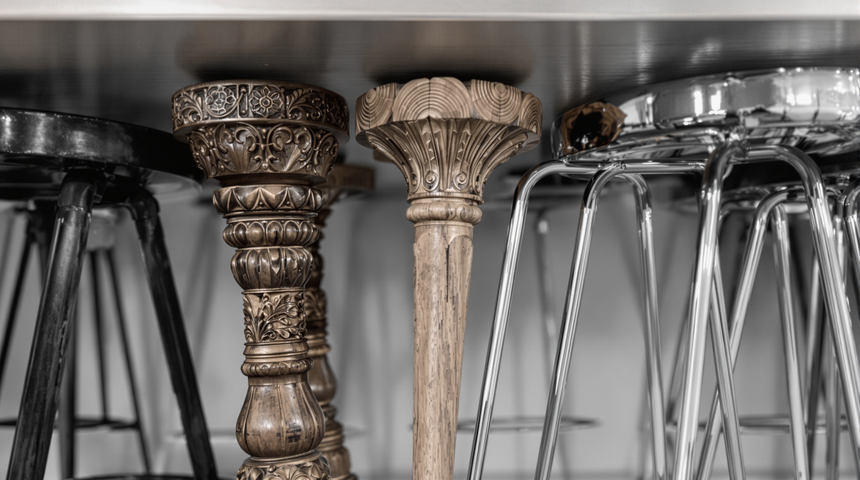 Différents types de pieds de bar design alignés sous un même plateau moderne.