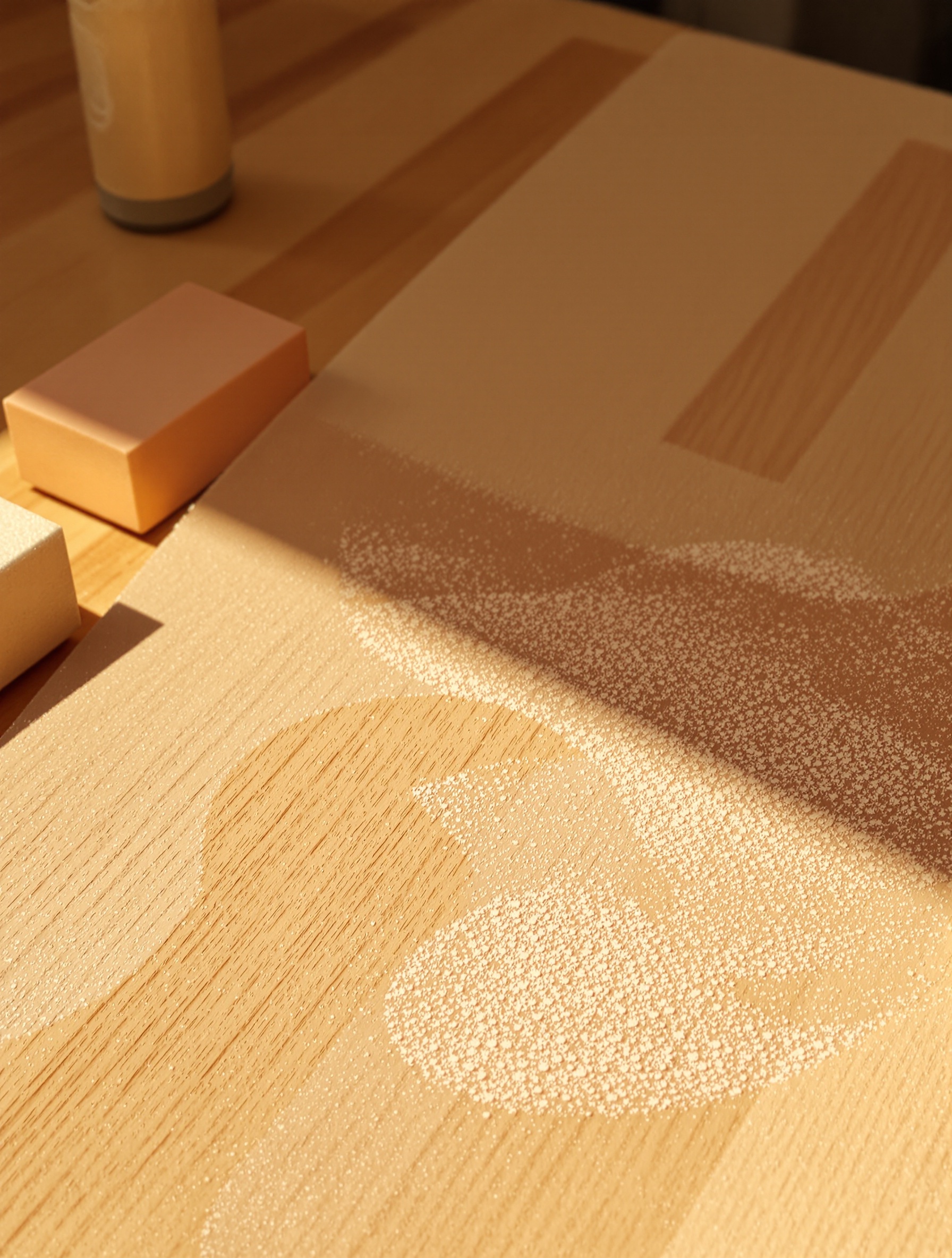 Vue rapprochée d'une porte en bois avant peinture, montrant la surface légèrement poncée pour une meilleure adhérence de la nouvelle couche de laque.