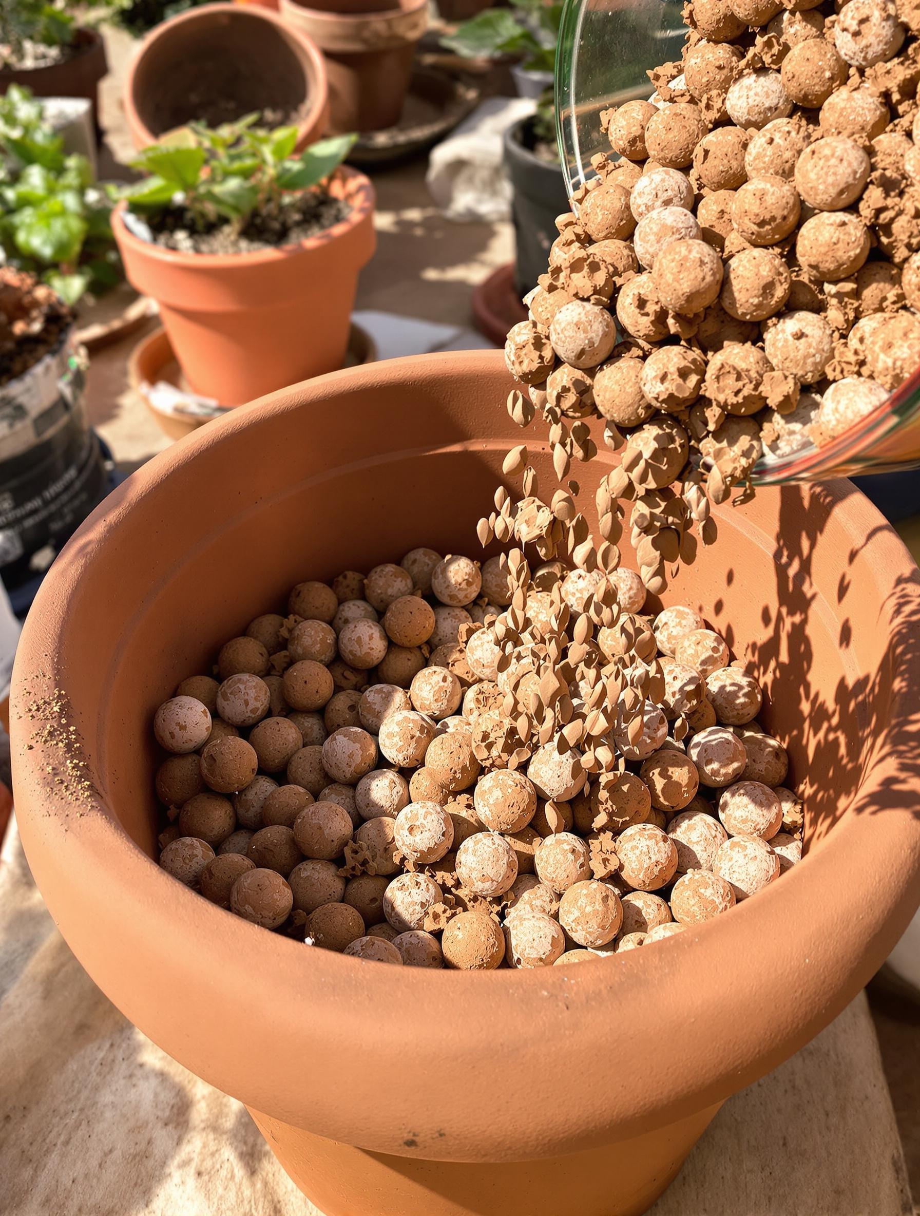 gros plan d’un pot en terre cuite dans lequel on verse des billes d’argile avant un mélange terreau/perlite pour Tradescantia zebrina