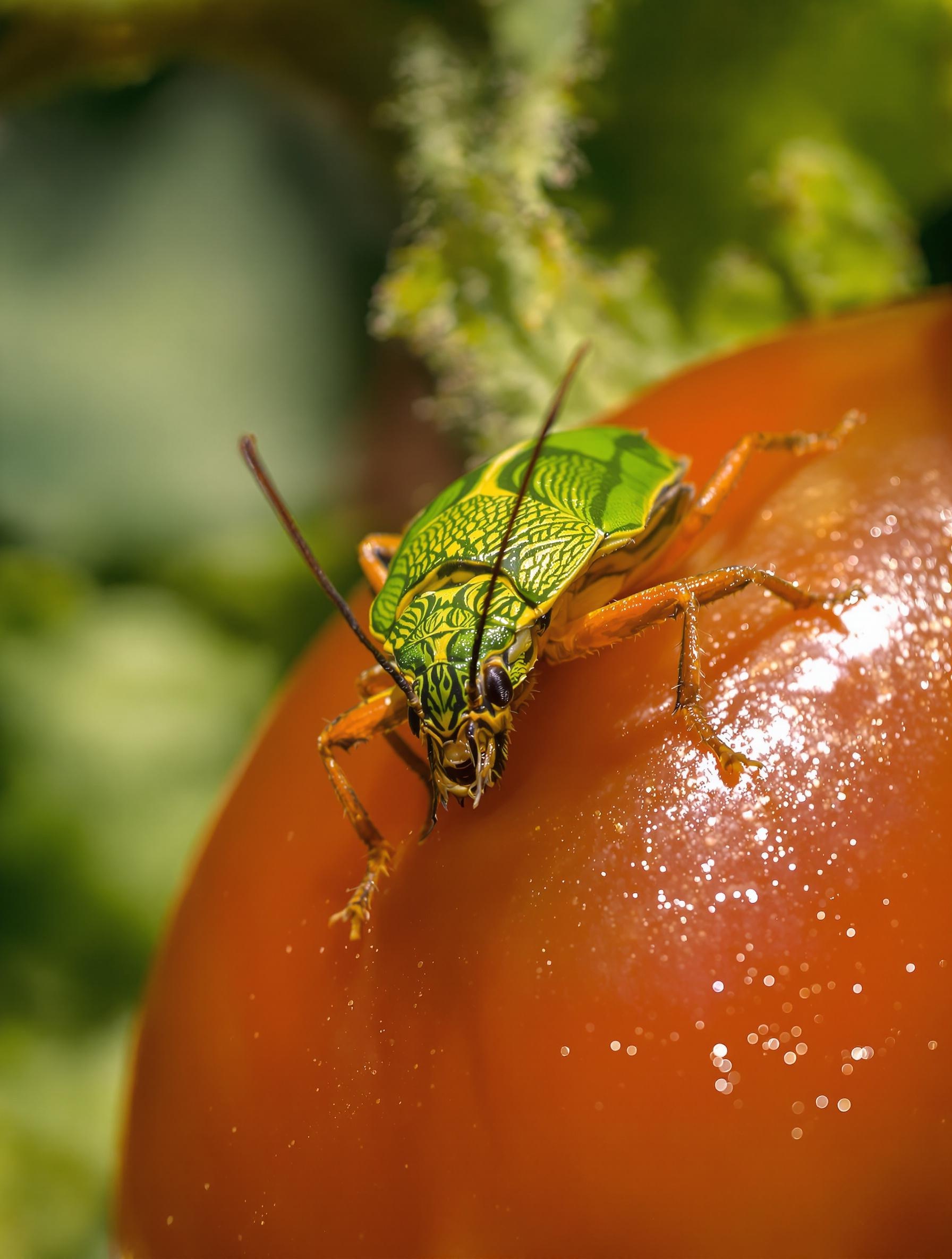 Punaise verte plantant son rostre dans une tomate