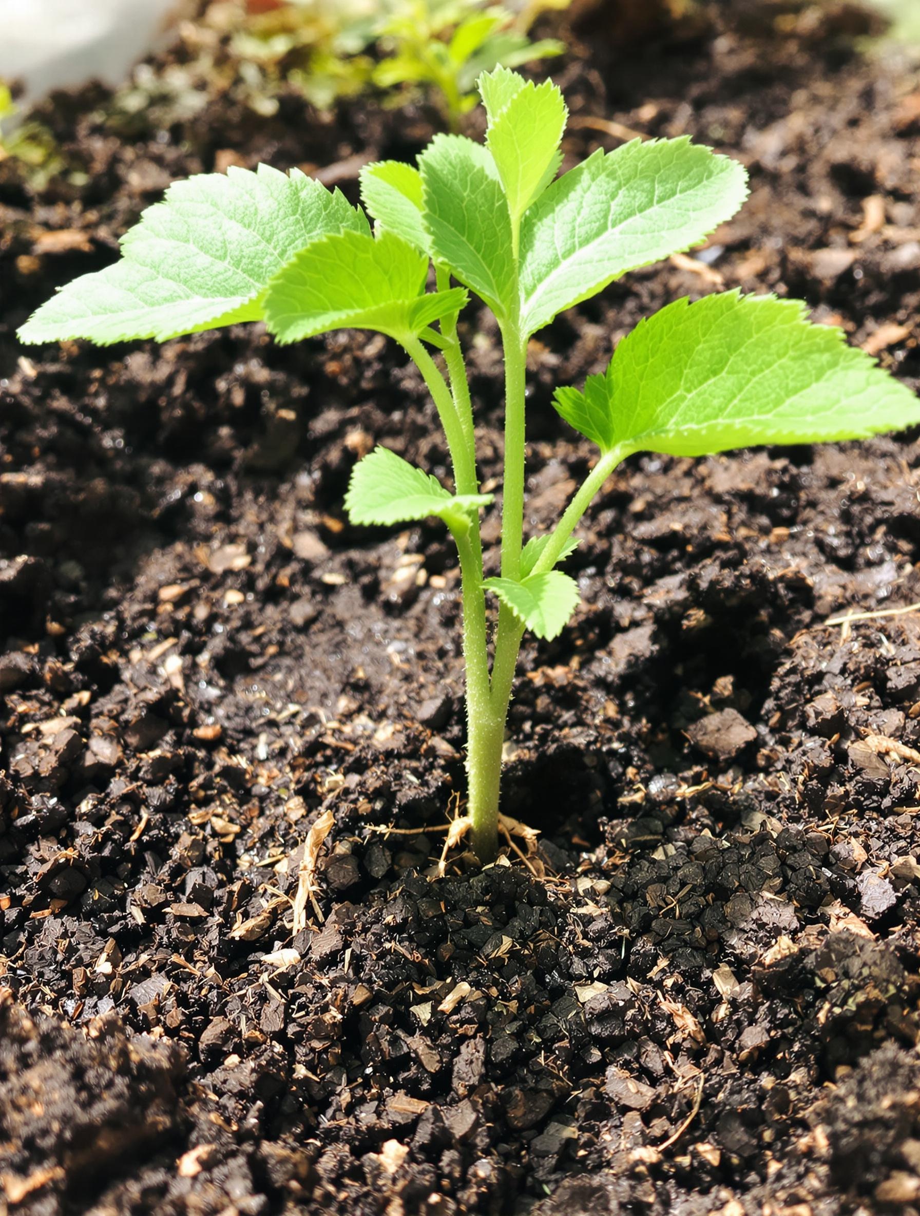 Sol amendé autour d’un jeune plant de groseillier à maquereau