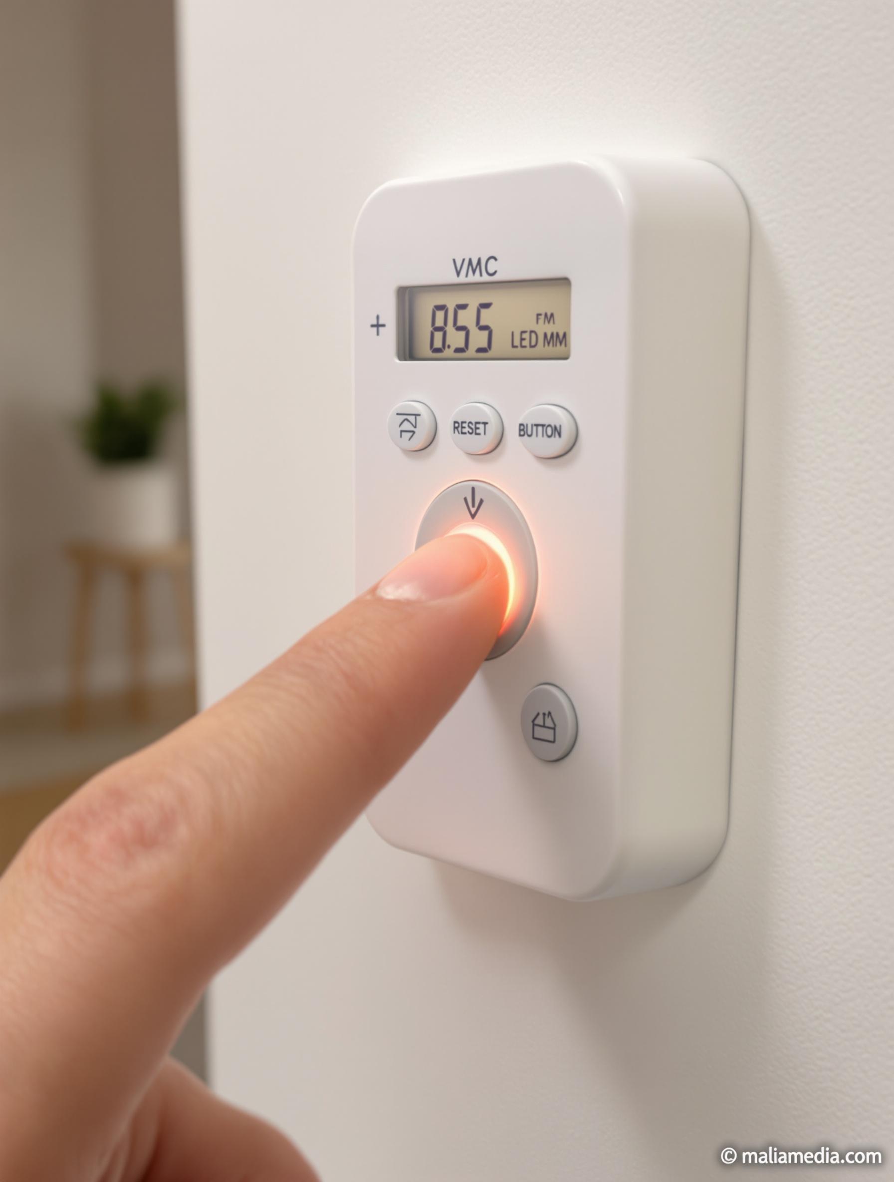 Gros plan sur une télécommande VMC avec le bouton reset et une LED allumée.