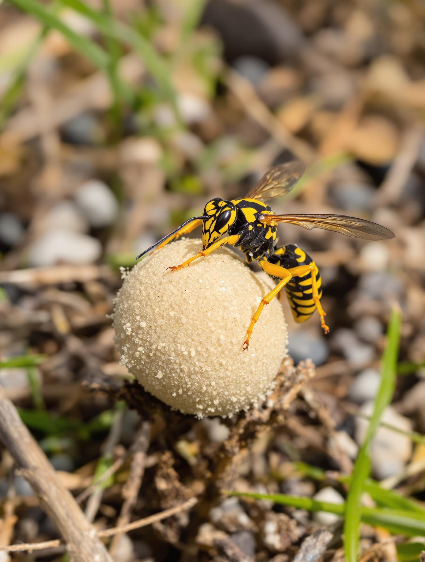 La guêpe maçonne transportant des grains de sable pour construire son nid et nourrir ses larves.