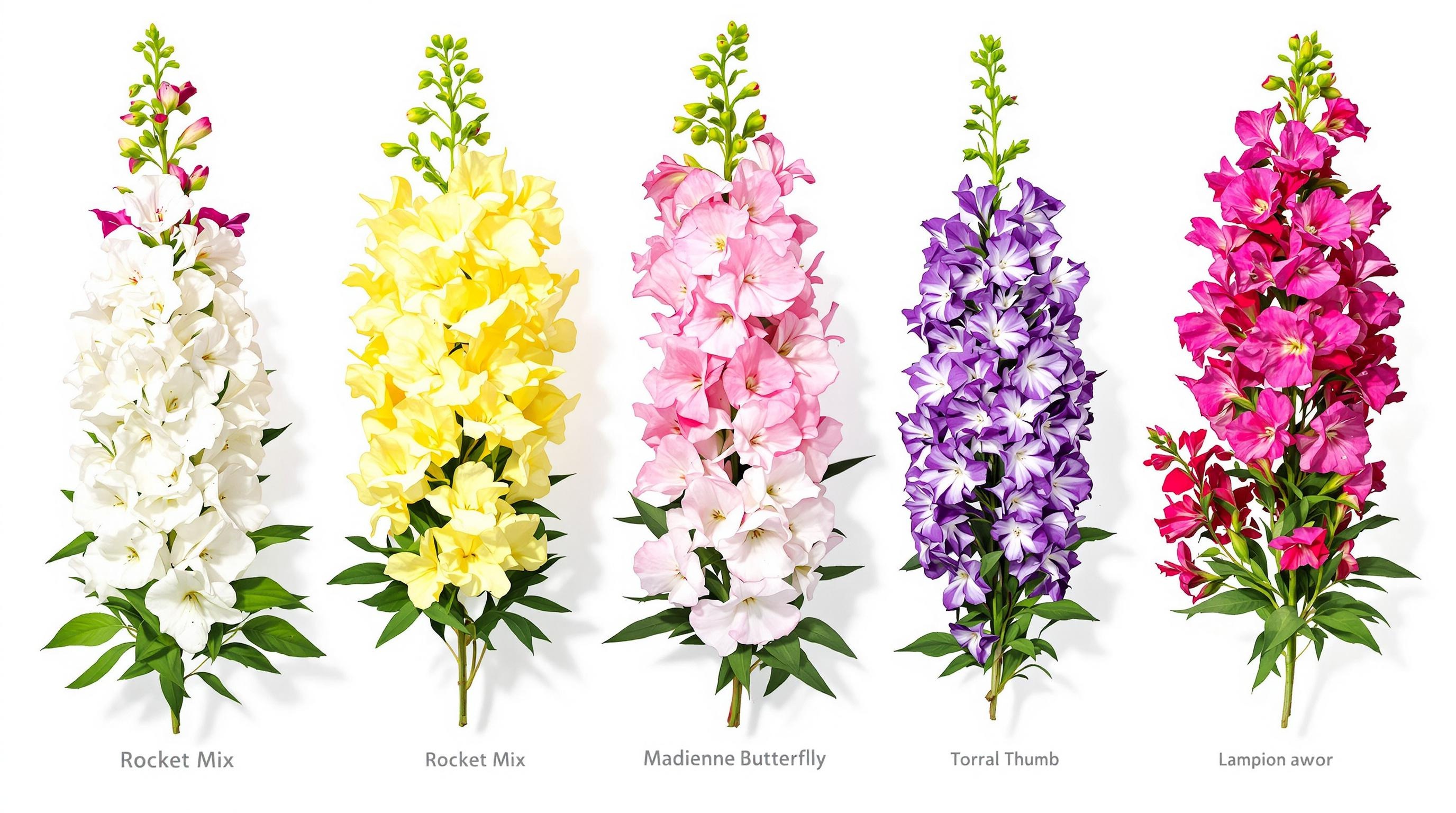 Comparatif des variétés de gueules-de-loup : Rocket Mix, Madame Butterfly, Tom Thumb, Floral Carpet et Lampion.