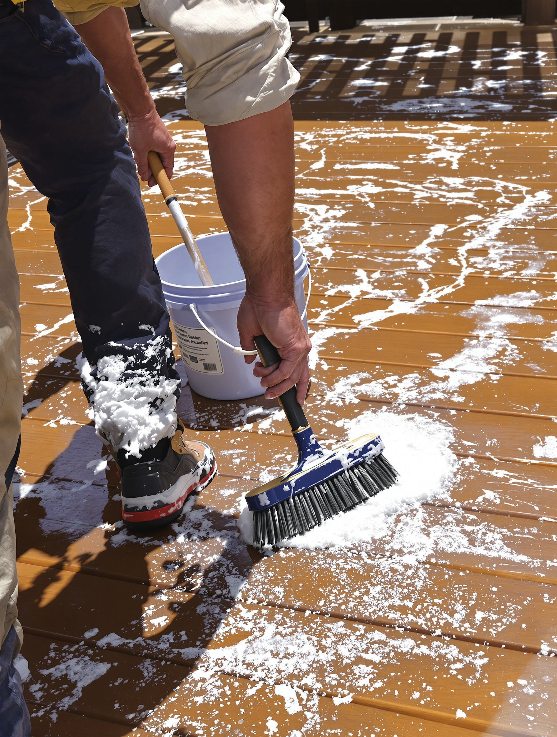Homme nettoyant une terrasse bois à la main avec balai-brosse et seau, effort apparent