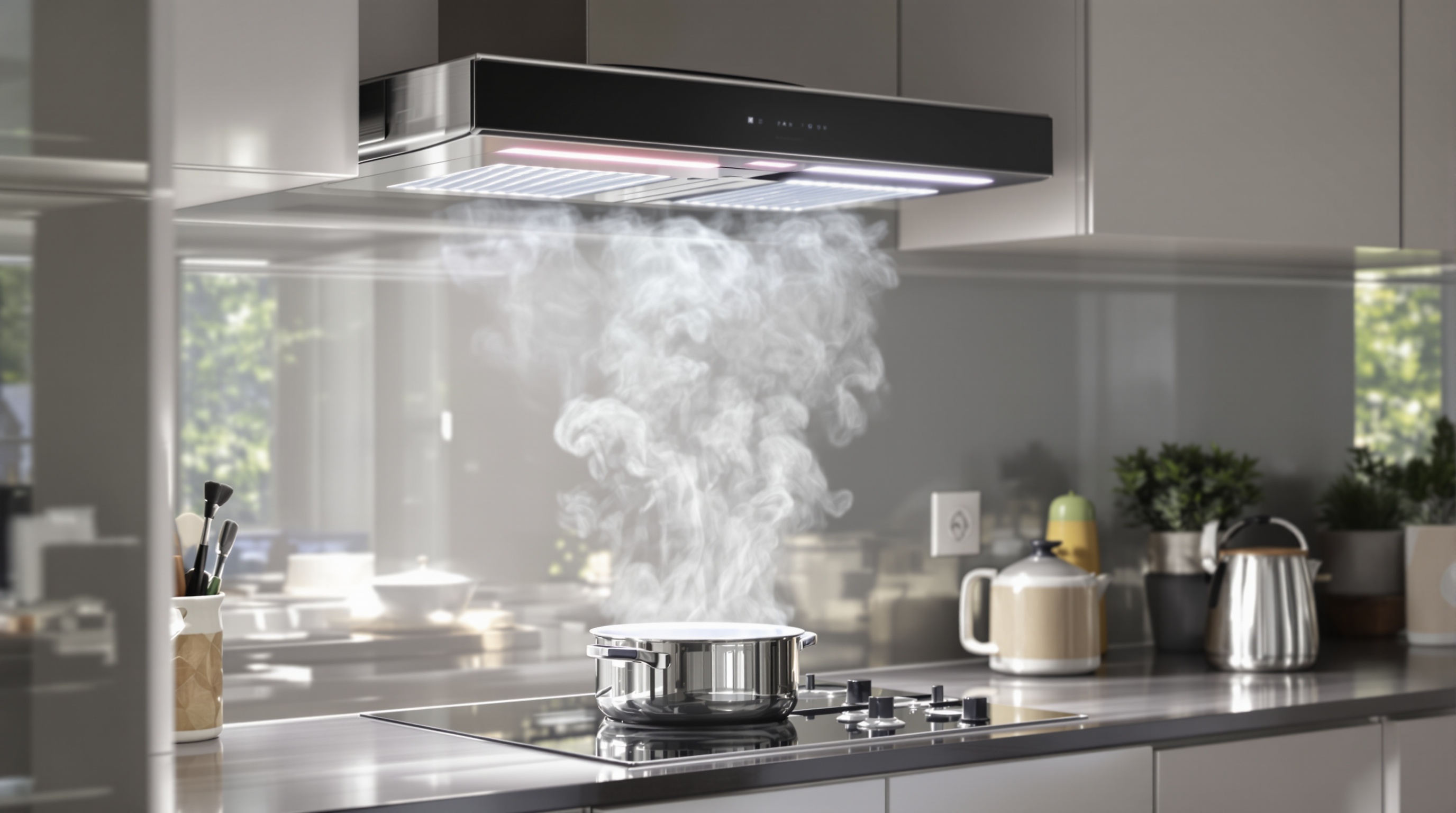 Hotte aspirante allumée cuisine moderne vapeur casserole