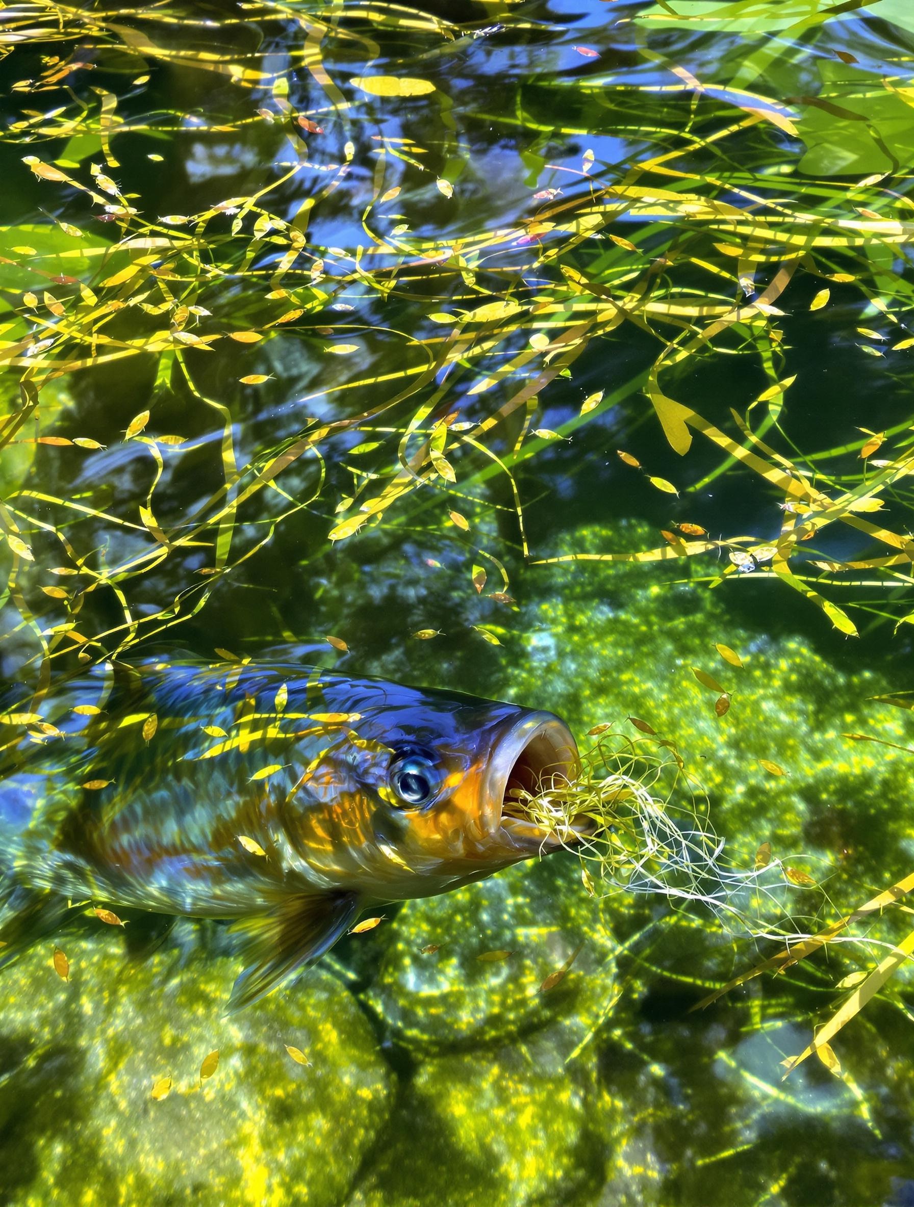 Ide mélanote mangeant des larves et des algues filamenteuses dans un bassin